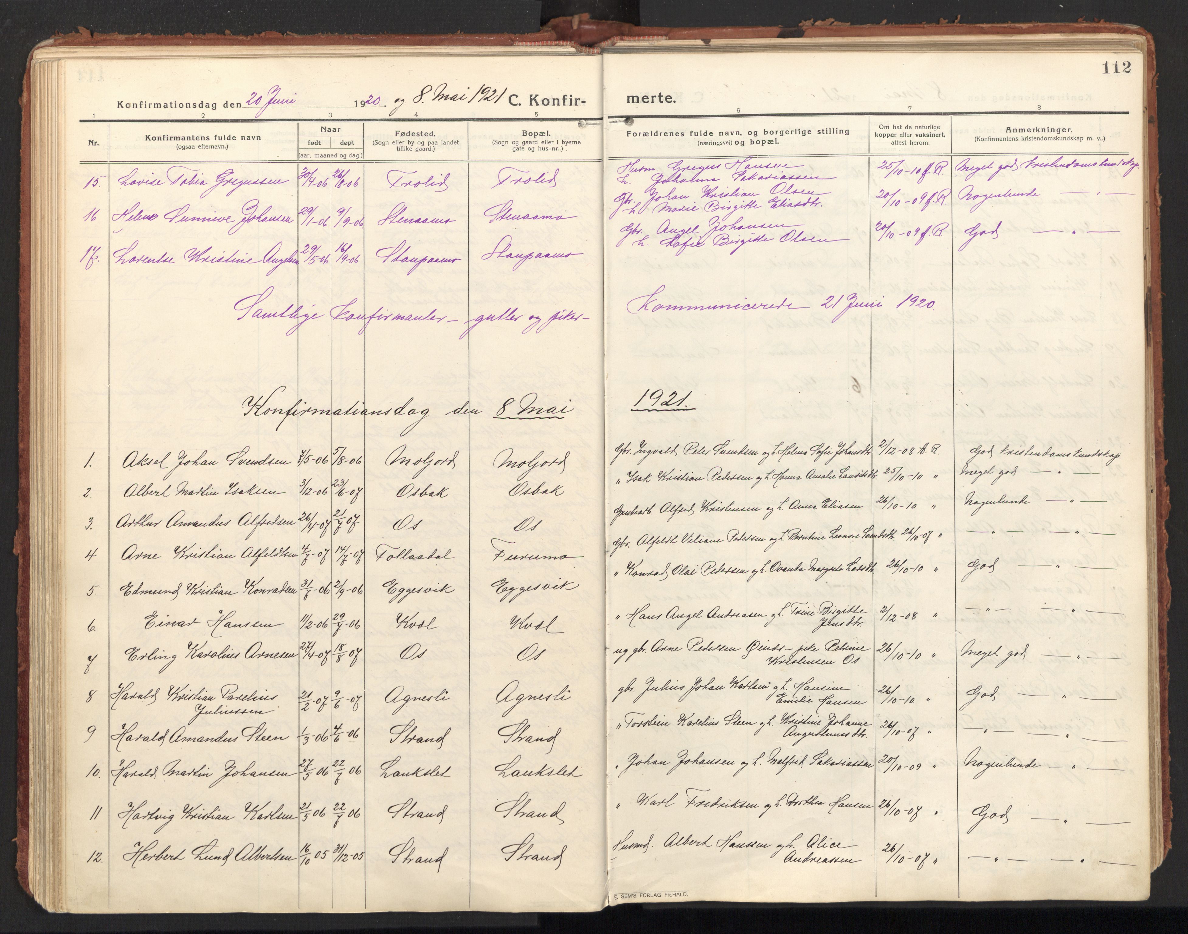 Ministerialprotokoller, klokkerbøker og fødselsregistre - Nordland, AV/SAT-A-1459/846/L0650: Parish register (official) no. 846A08, 1916-1935, p. 112