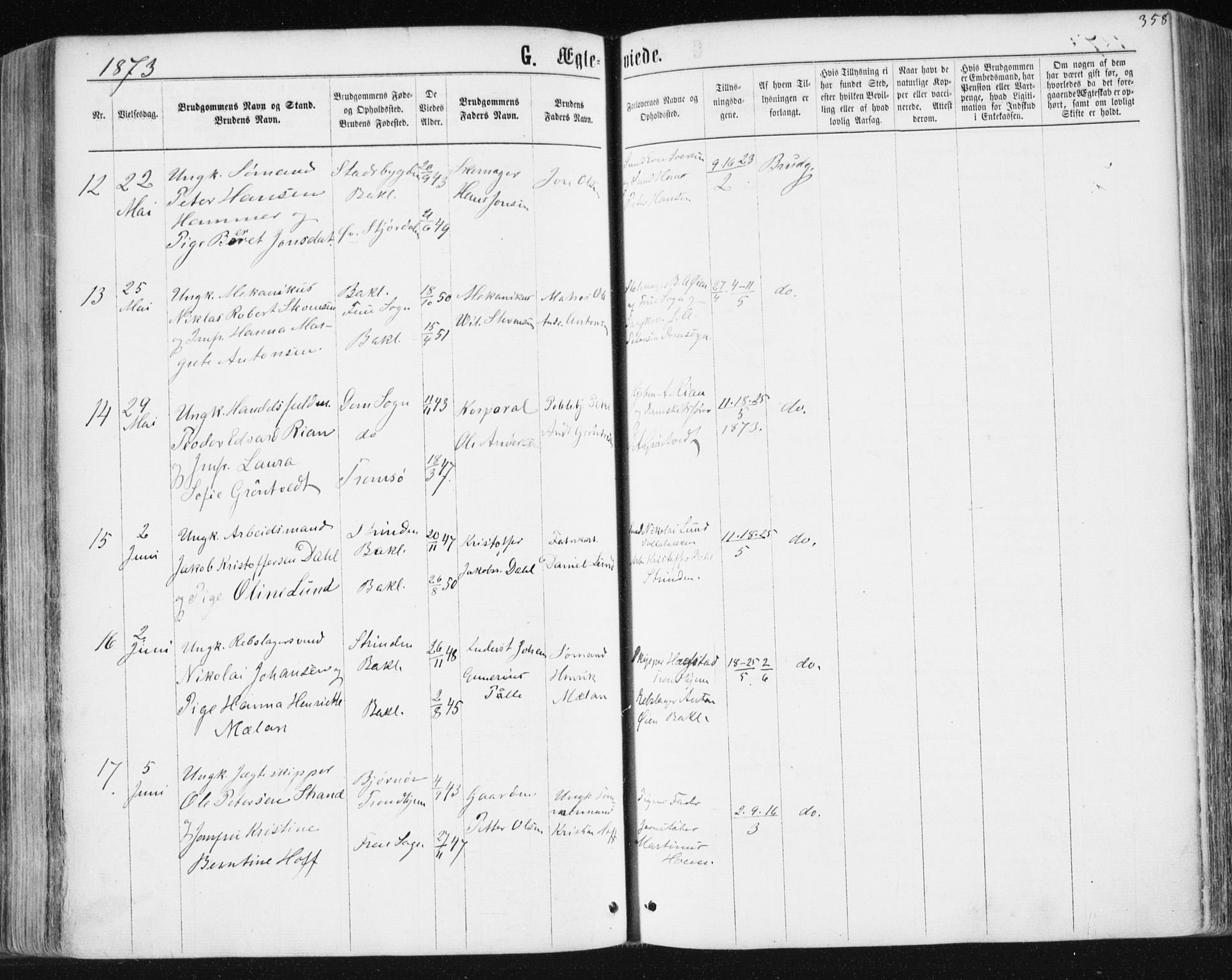 Ministerialprotokoller, klokkerbøker og fødselsregistre - Sør-Trøndelag, SAT/A-1456/604/L0186: Parish register (official) no. 604A07, 1866-1877, p. 358