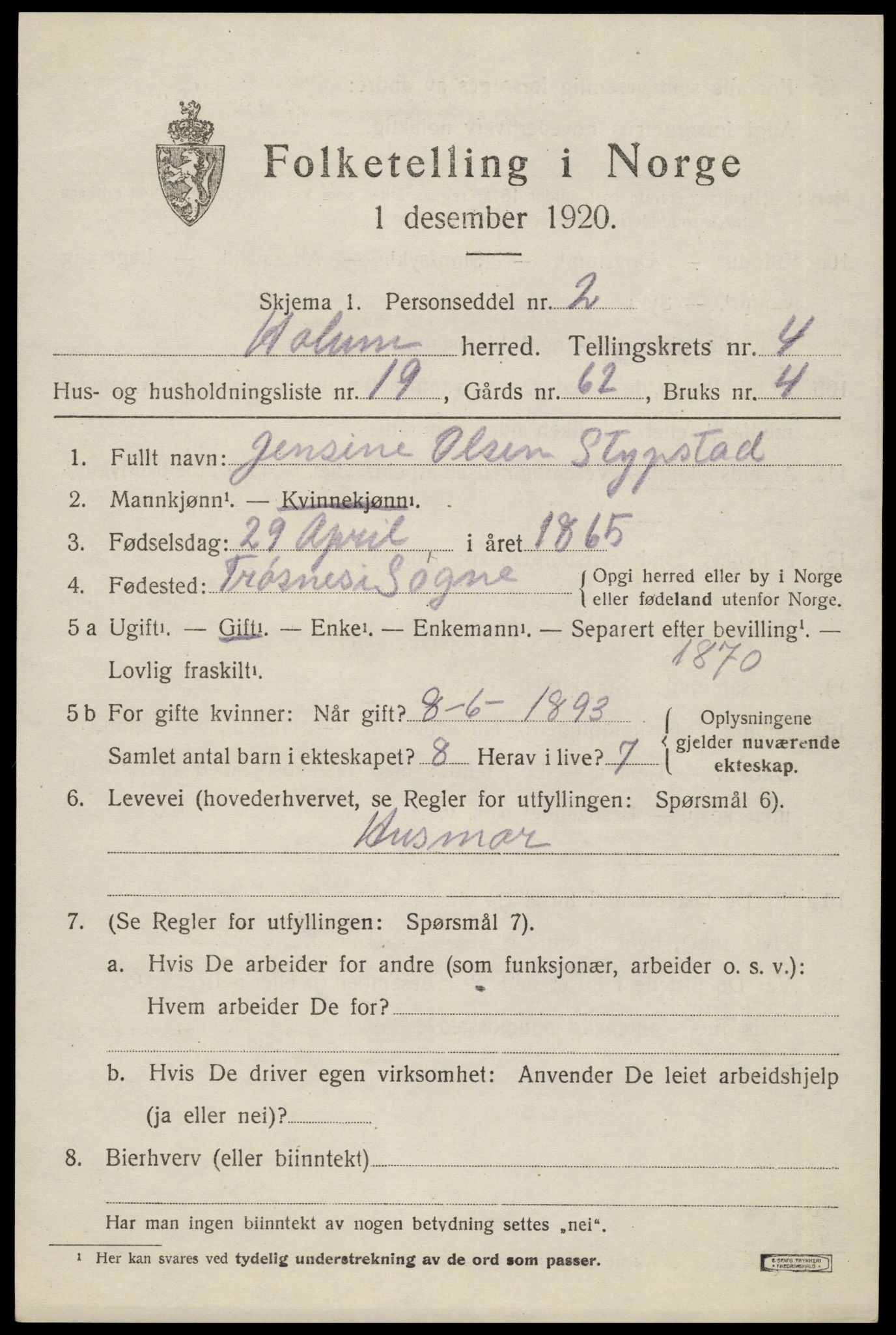 SAK, 1920 census for Holum, 1920, p. 2113
