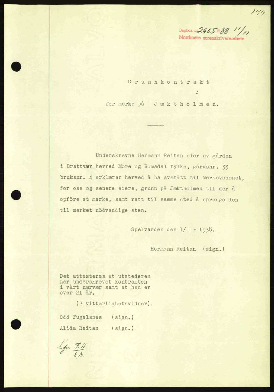 Nordmøre sorenskriveri, SAT/A-4132/1/2/2Ca: Mortgage book no. B84, 1938-1939, Diary no: : 2605/1938