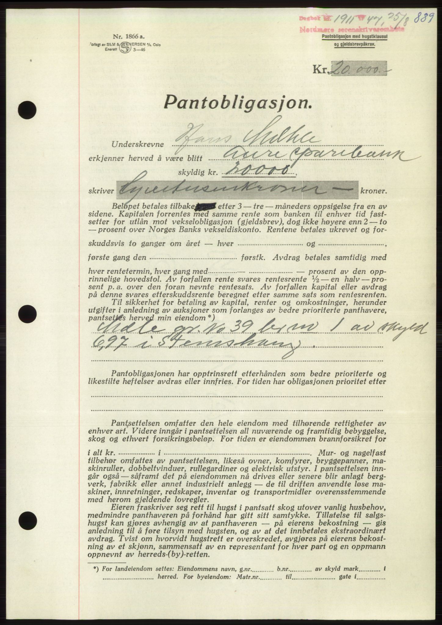 Nordmøre sorenskriveri, AV/SAT-A-4132/1/2/2Ca: Mortgage book no. B96, 1947-1947, Diary no: : 1911/1947