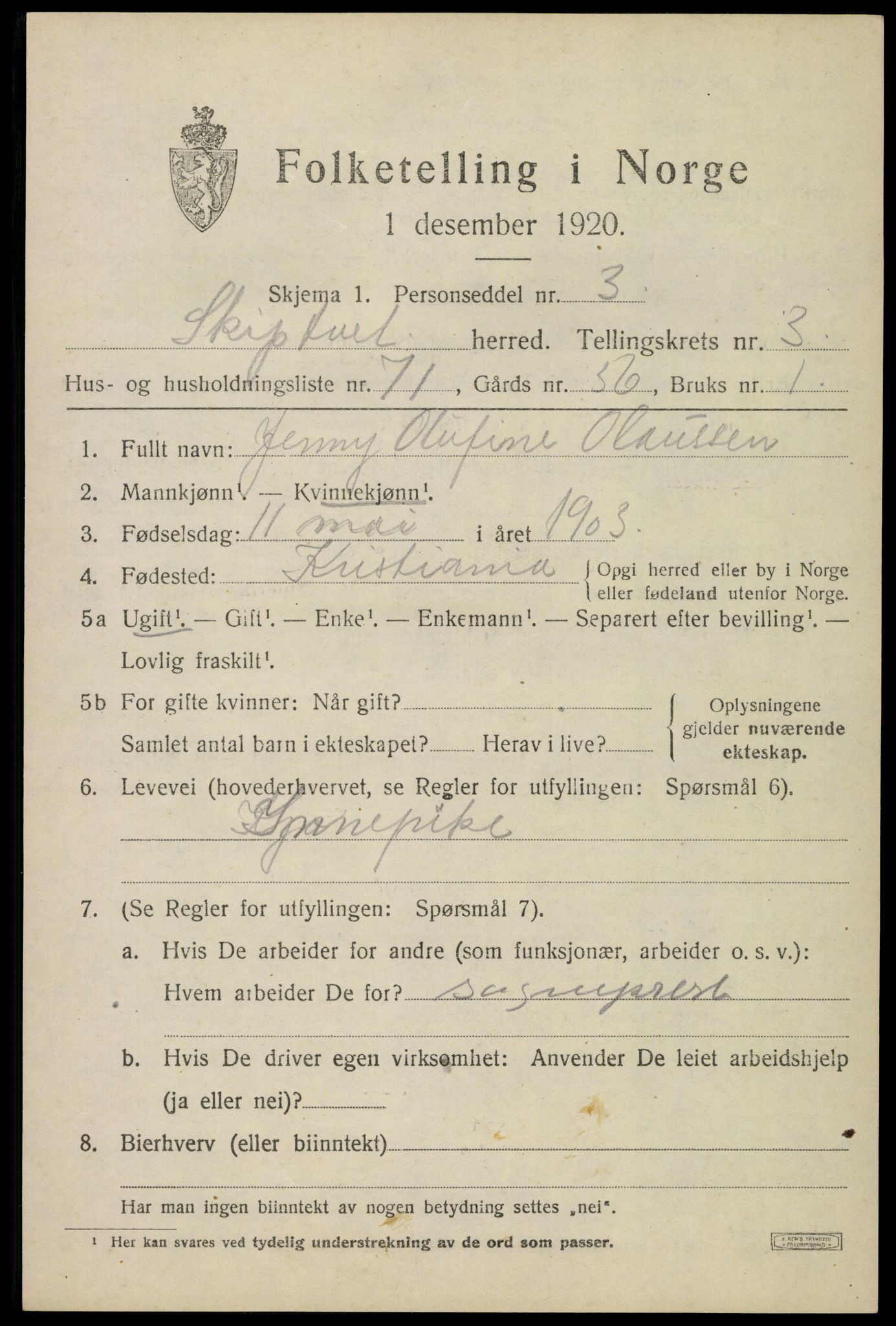 SAO, 1920 census for Skiptvet, 1920, p. 3715