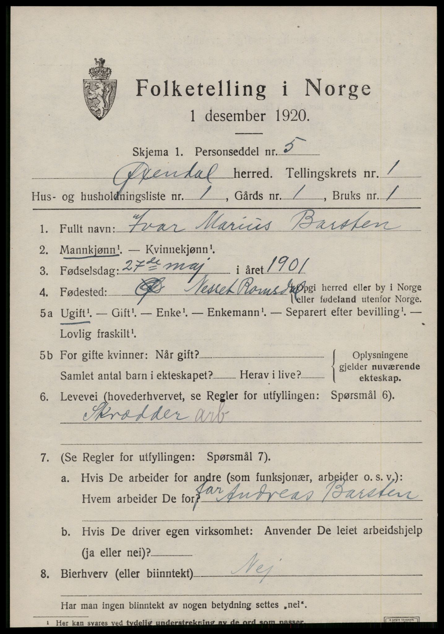 SAT, 1920 census for Øksendal, 1920, p. 247