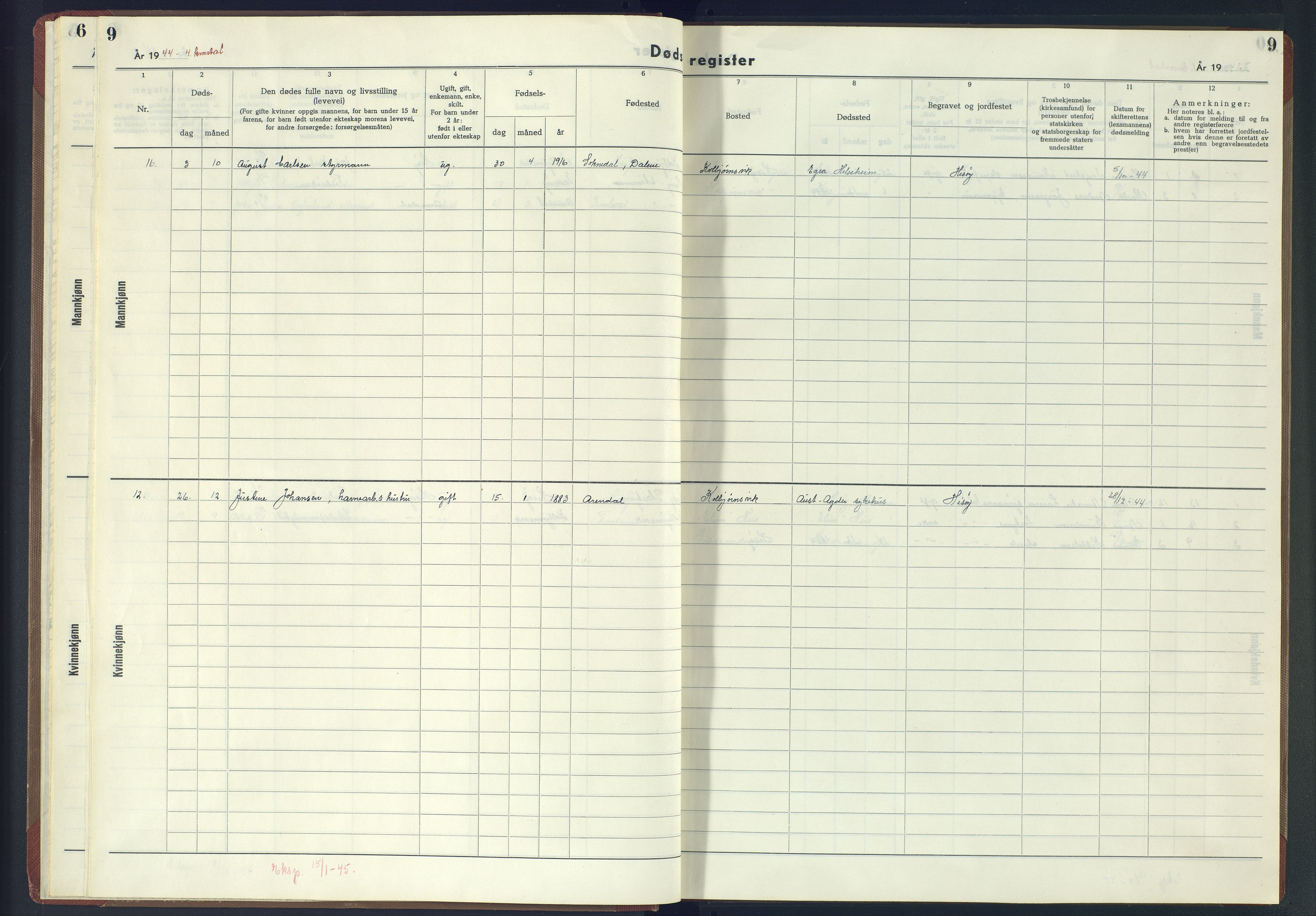 Hisøy sokneprestkontor, AV/SAK-1111-0020/J/Jb/L0003: A-VI-6 - Dødsfallsregister, 1942-1945, p. 9