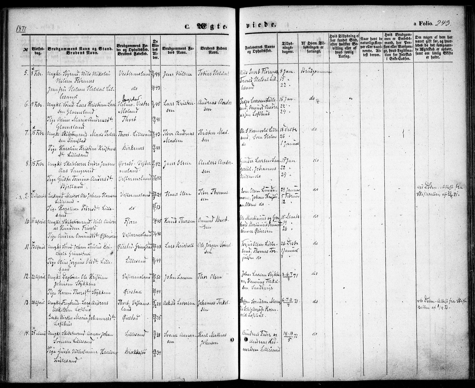 Vestre Moland sokneprestkontor, AV/SAK-1111-0046/F/Fa/Fab/L0007: Parish register (official) no. A 7, 1859-1872, p. 243