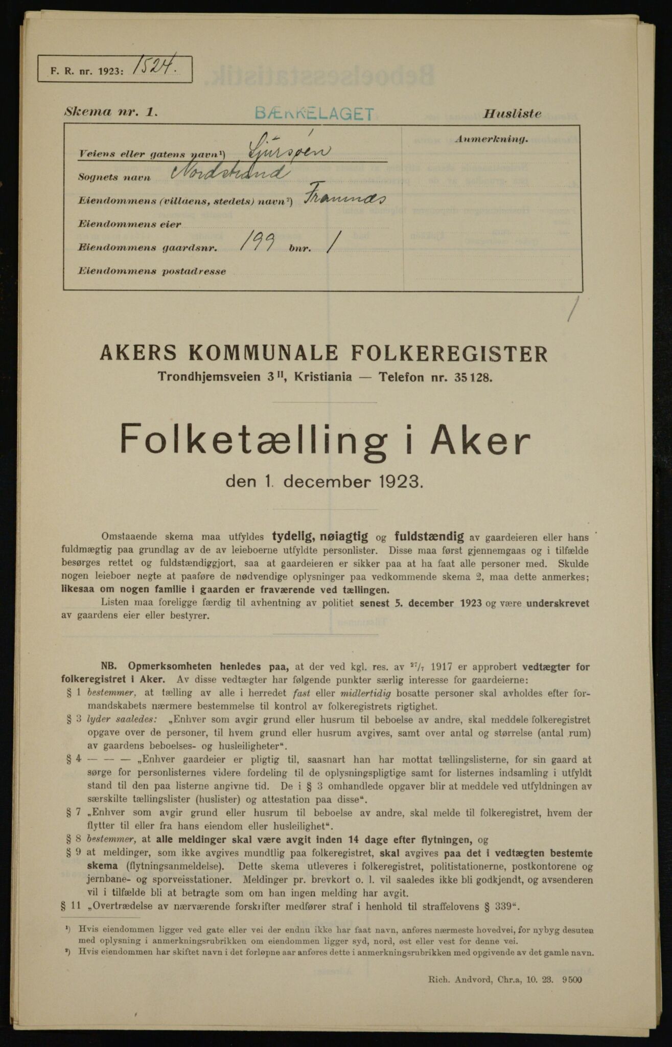 , Municipal Census 1923 for Aker, 1923, p. 45321