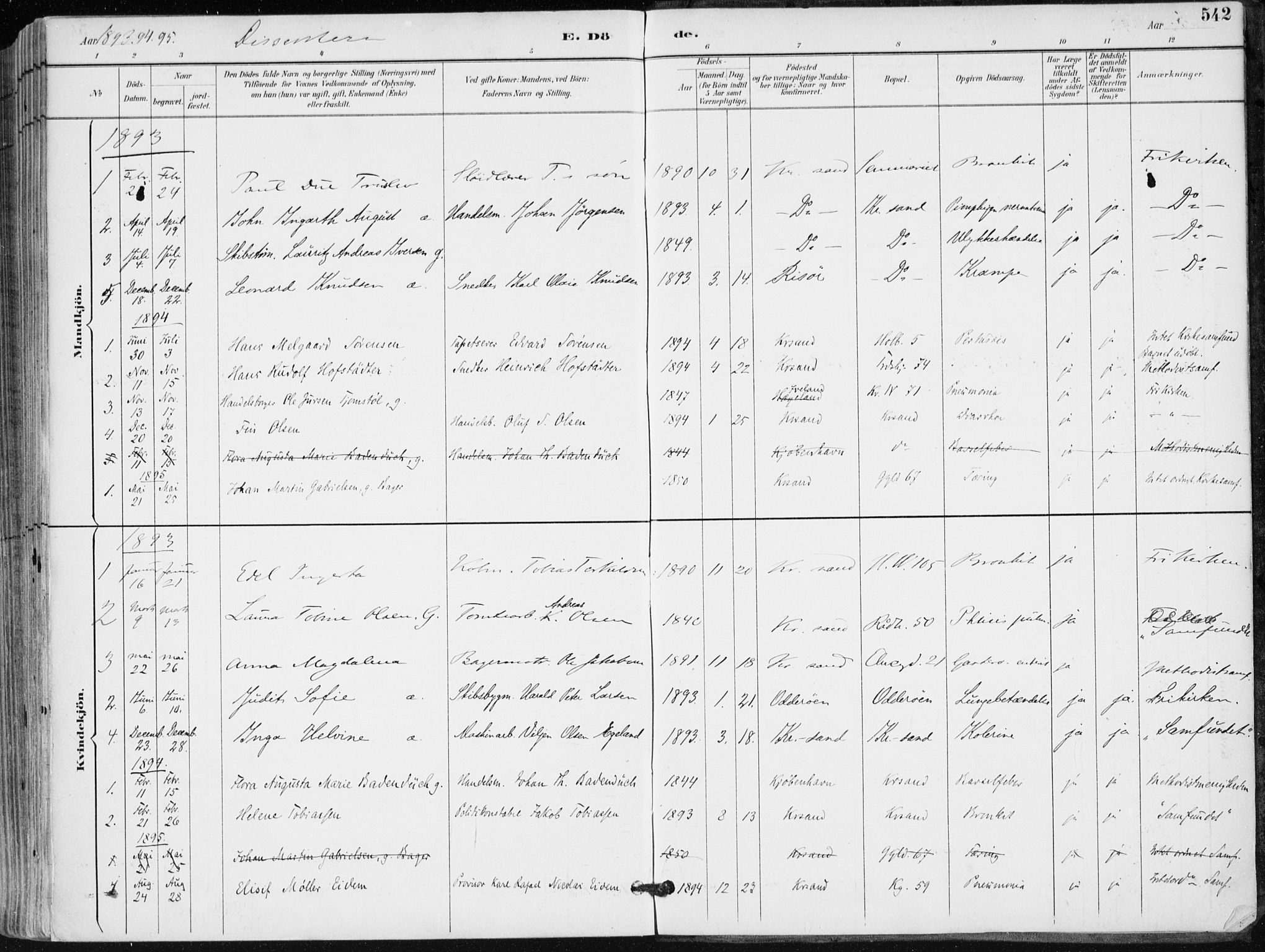 Kristiansand domprosti, SAK/1112-0006/F/Fa/L0019: Parish register (official) no. A 18, 1890-1897, p. 542