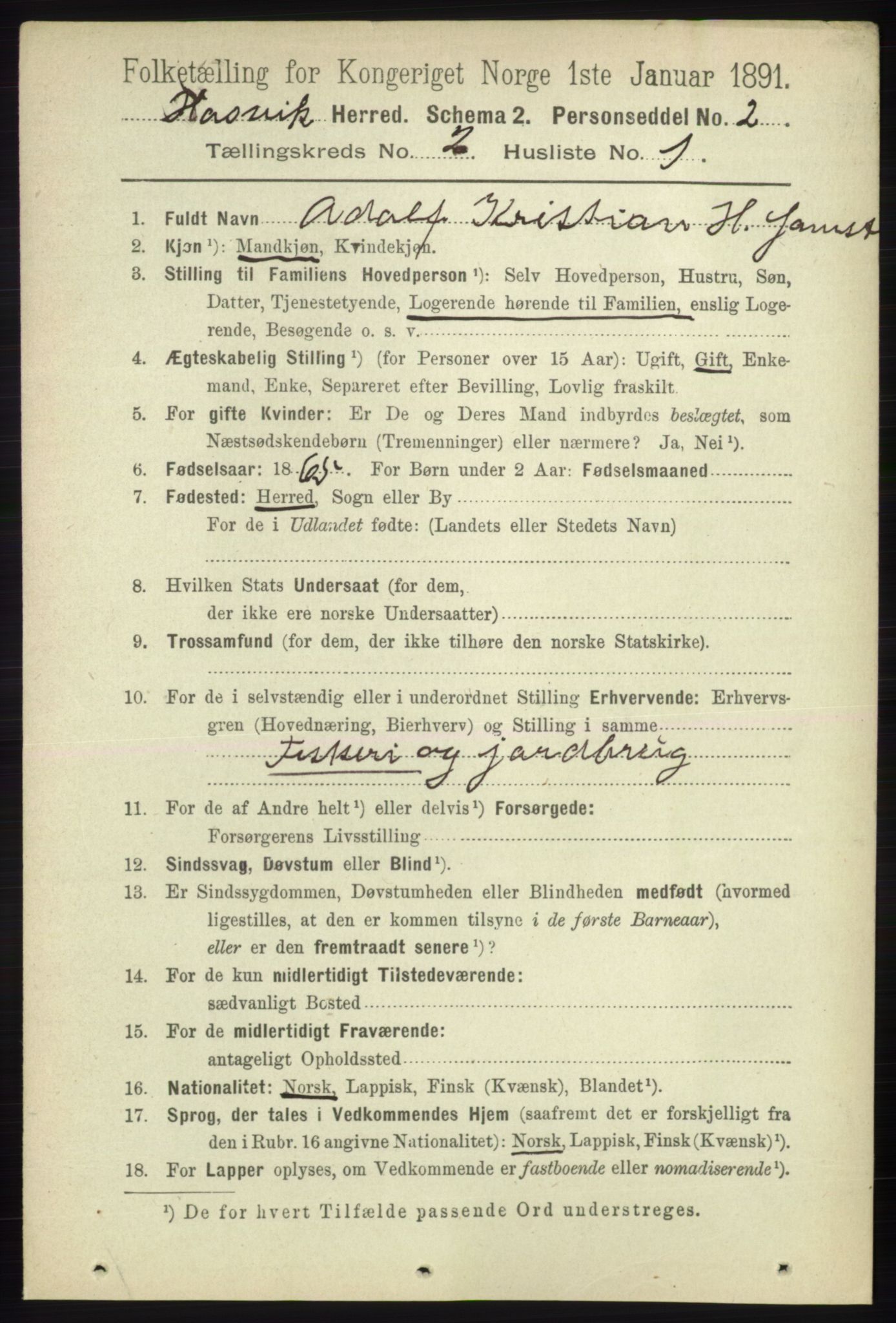 RA, 1891 census for 2015 Hasvik, 1891, p. 280