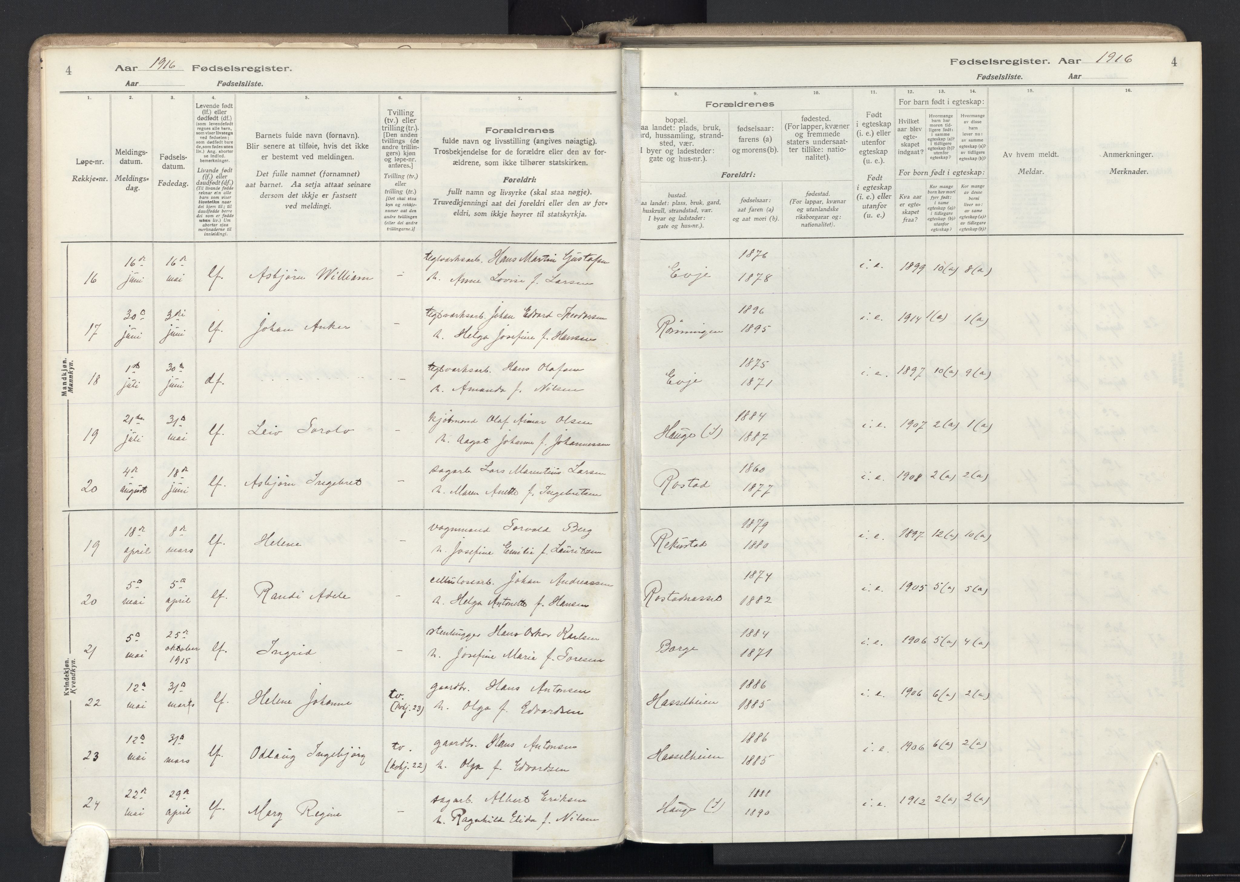 Rolvsøy prestekontor Kirkebøker, AV/SAO-A-2004/J/Ja/L0001: Birth register no. 1, 1916-1946, p. 4