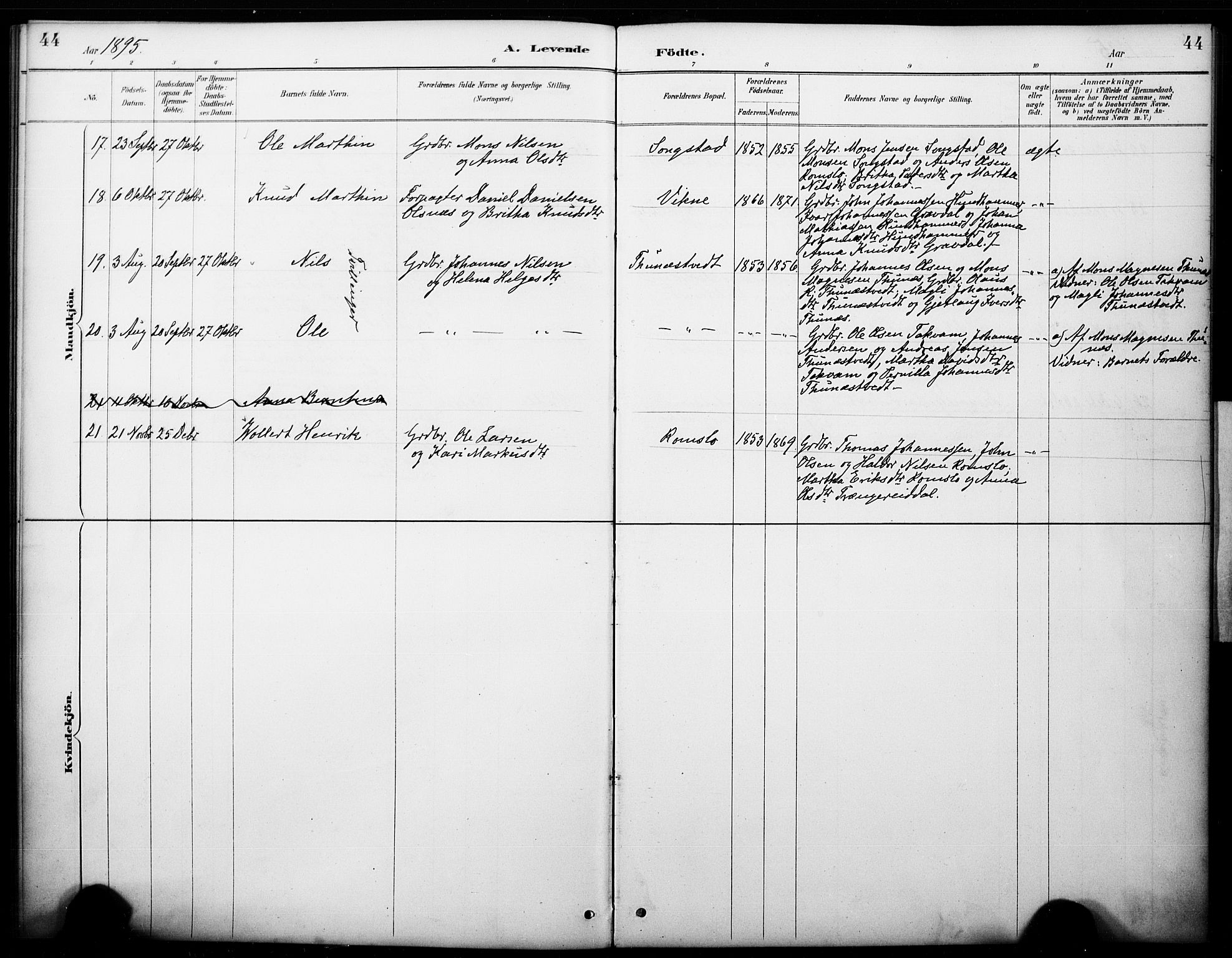 Haus sokneprestembete, SAB/A-75601/H/Haa: Parish register (official) no. B 1, 1887-1898, p. 44