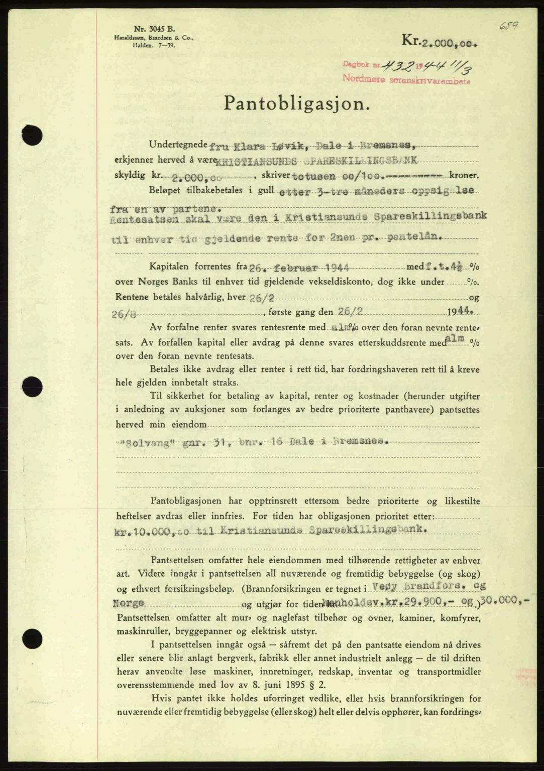 Nordmøre sorenskriveri, AV/SAT-A-4132/1/2/2Ca: Mortgage book no. B91, 1943-1944, Diary no: : 432/1944