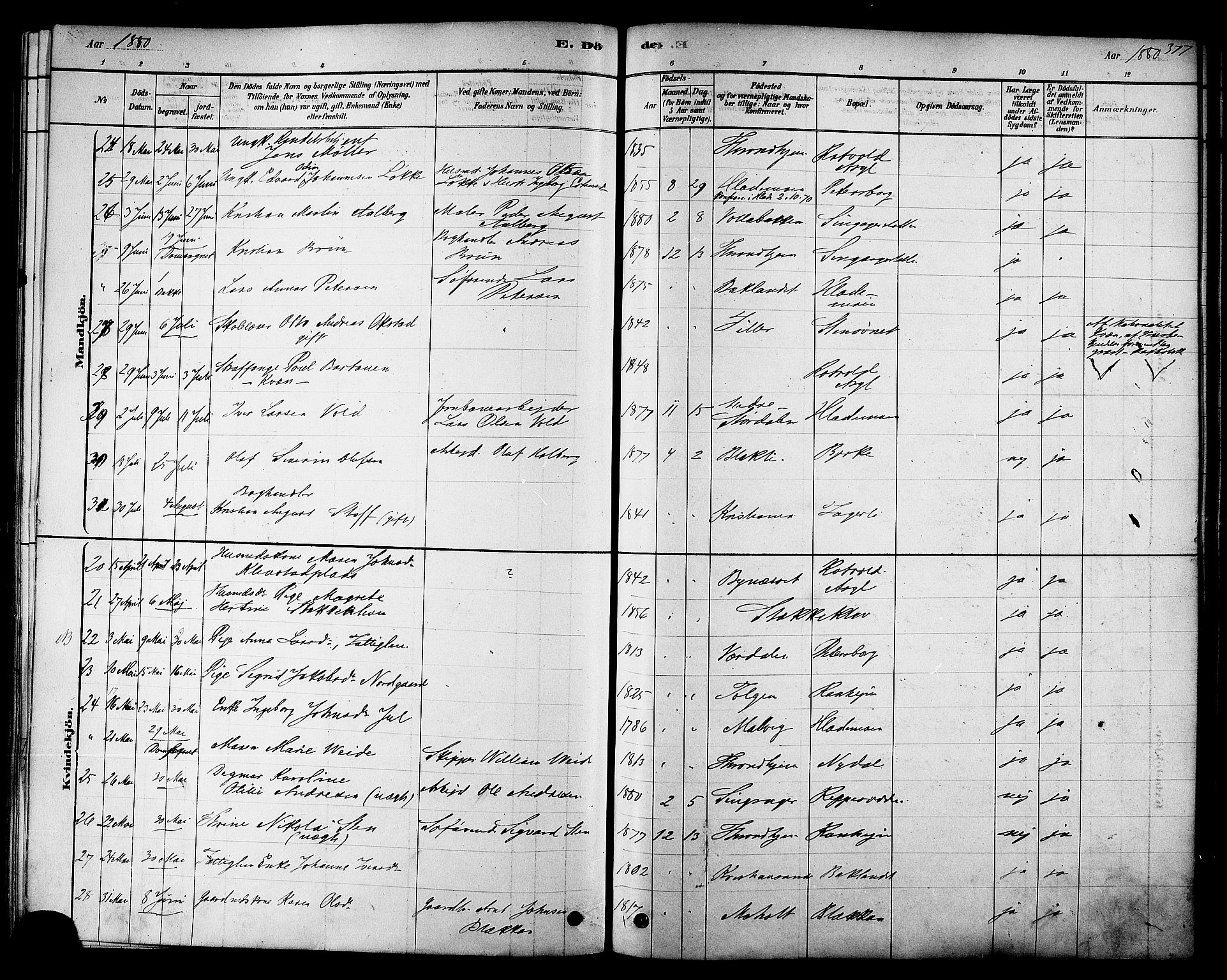 Ministerialprotokoller, klokkerbøker og fødselsregistre - Sør-Trøndelag, AV/SAT-A-1456/606/L0294: Parish register (official) no. 606A09, 1878-1886, p. 377