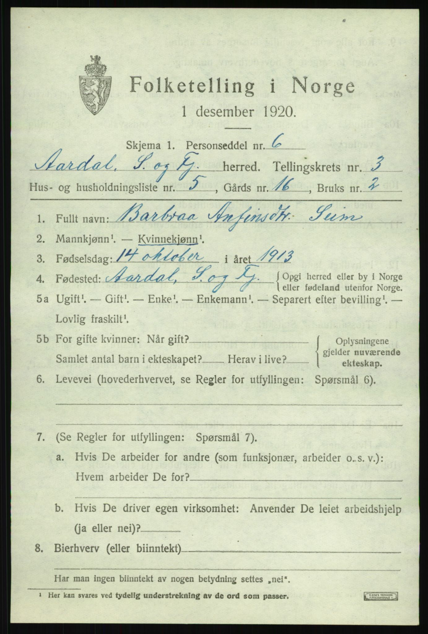 SAB, 1920 census for Årdal, 1920, p. 1589