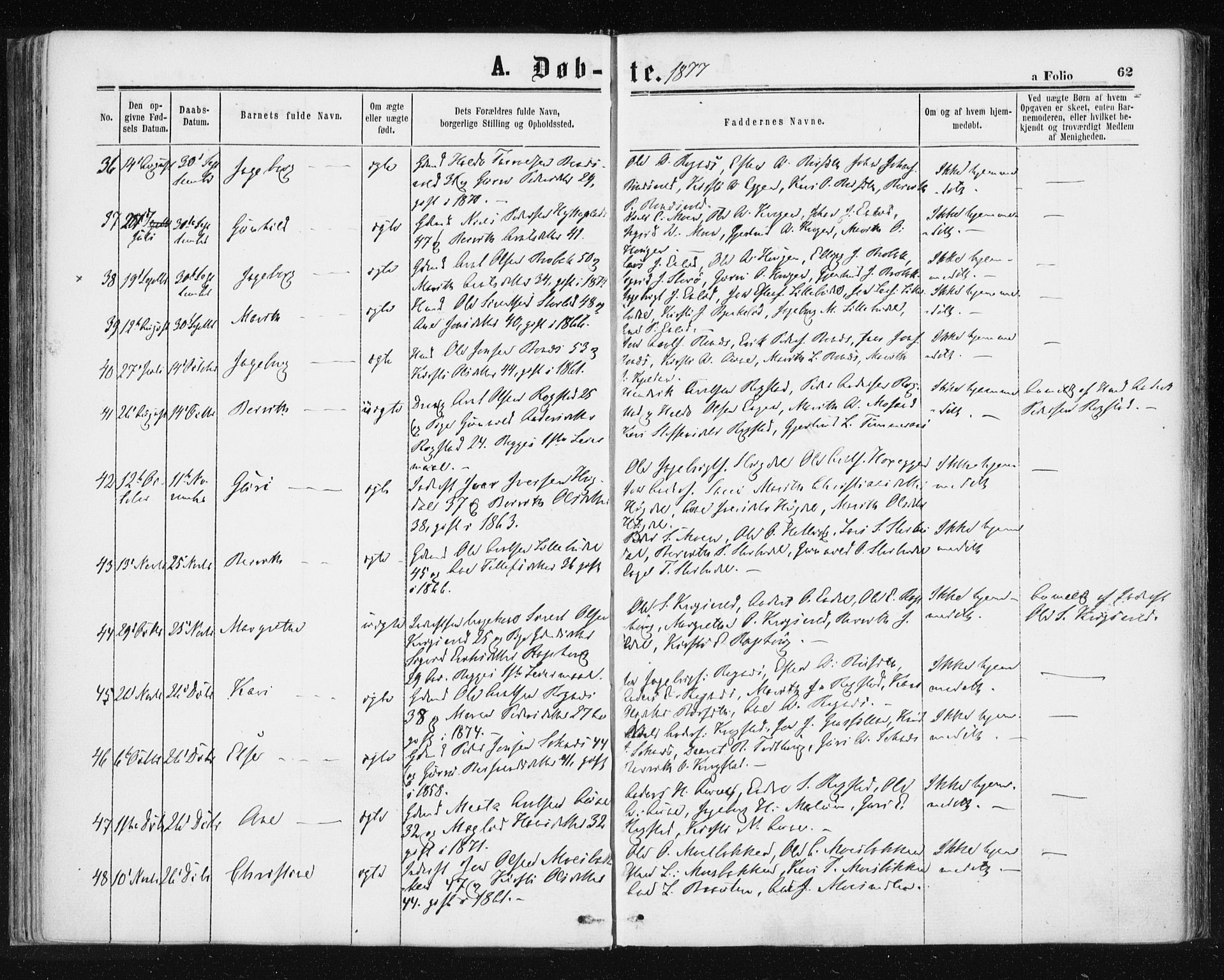 Ministerialprotokoller, klokkerbøker og fødselsregistre - Sør-Trøndelag, SAT/A-1456/687/L1001: Parish register (official) no. 687A07, 1863-1878, p. 62