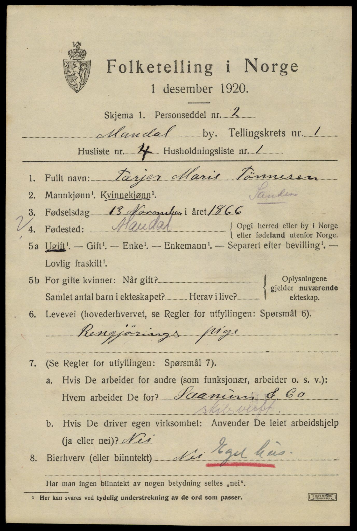 SAK, 1920 census for Mandal, 1920, p. 3281
