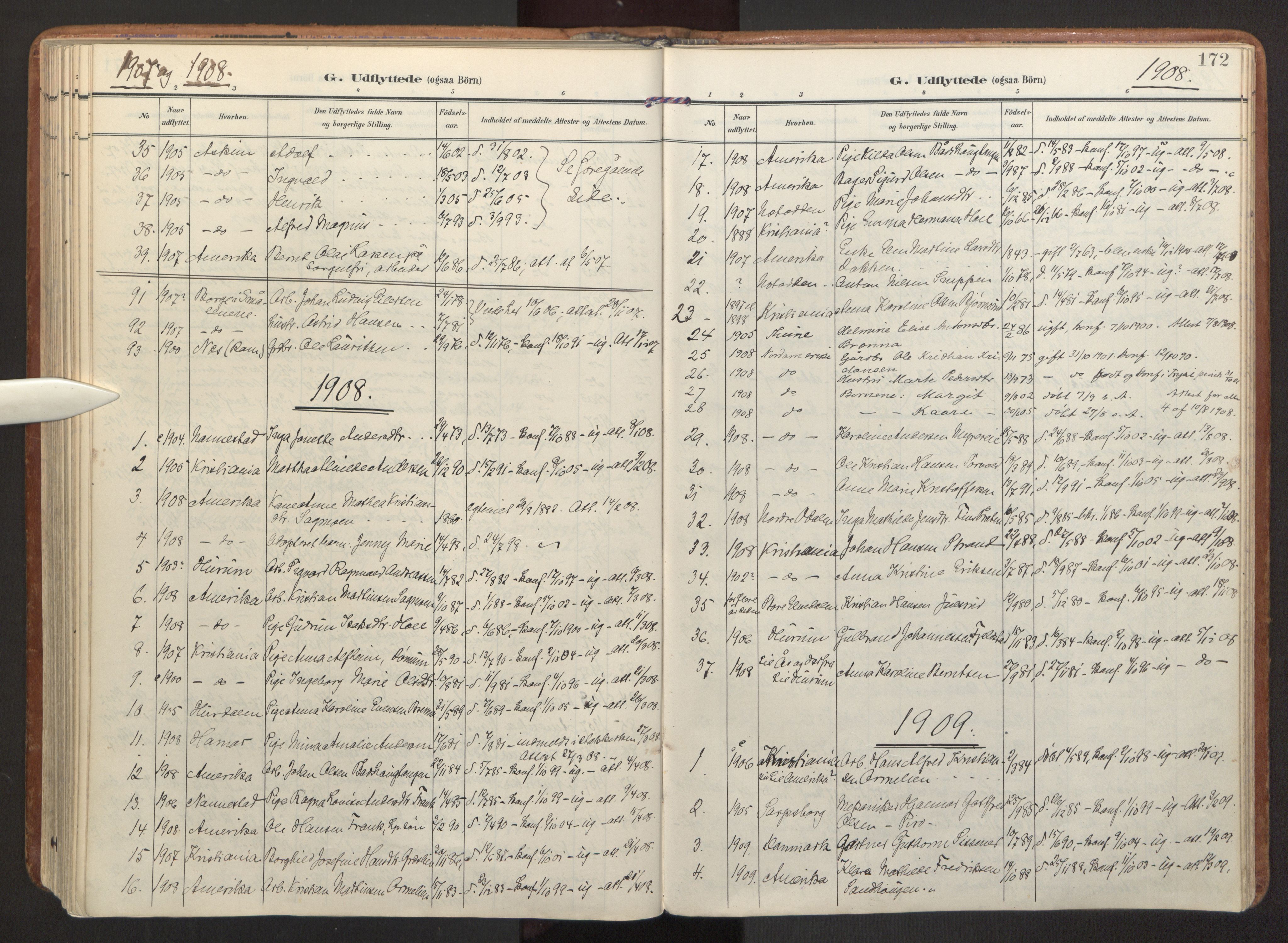 Eidsvoll prestekontor Kirkebøker, SAO/A-10888/F/Fa: Parish register (official) no. I 7, 1905-1920, p. 172