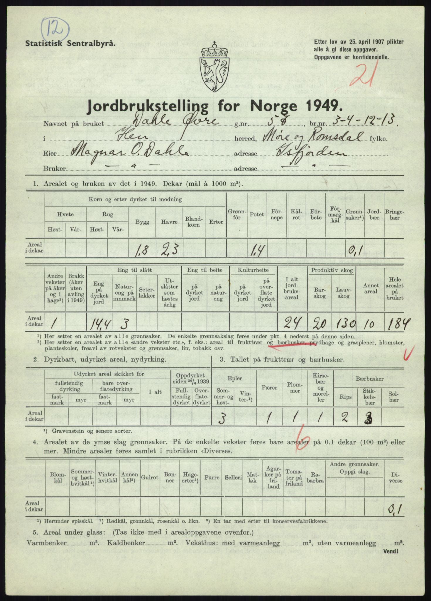 Statistisk sentralbyrå, Næringsøkonomiske emner, Jordbruk, skogbruk, jakt, fiske og fangst, AV/RA-S-2234/G/Gc/L0323: Møre og Romsdal: Grytten og Hen, 1949, p. 661