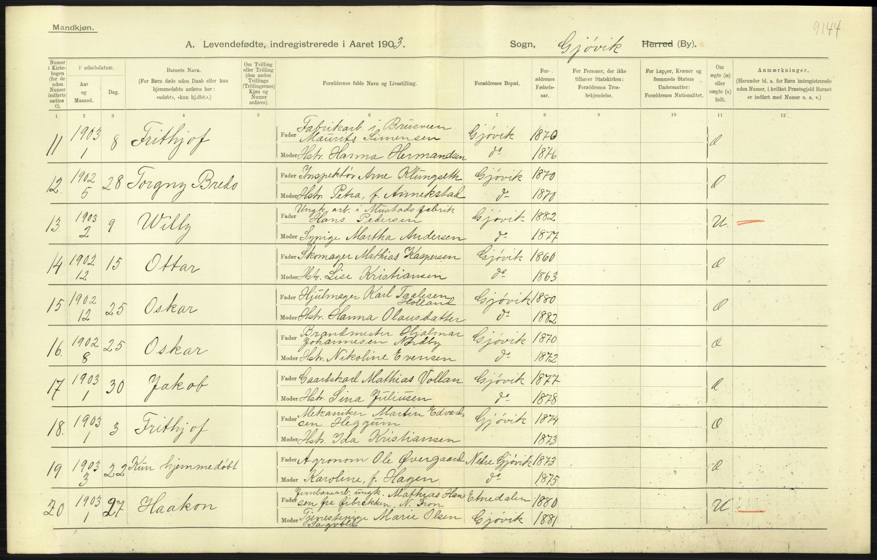 Statistisk sentralbyrå, Sosiodemografiske emner, Befolkning, AV/RA-S-2228/D/Df/Dfa/Dfaa/L0006: Kristians amt: Fødte, gifte, døde, 1903, p. 393