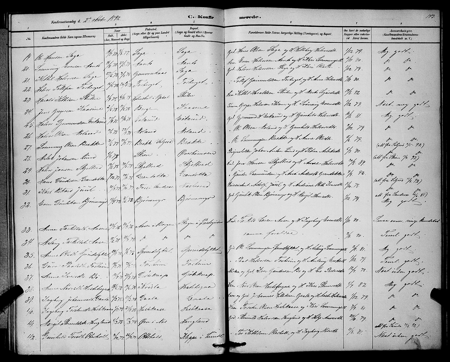 Bø kirkebøker, SAKO/A-257/G/Ga/L0005: Parish register (copy) no. 5, 1883-1897, p. 143