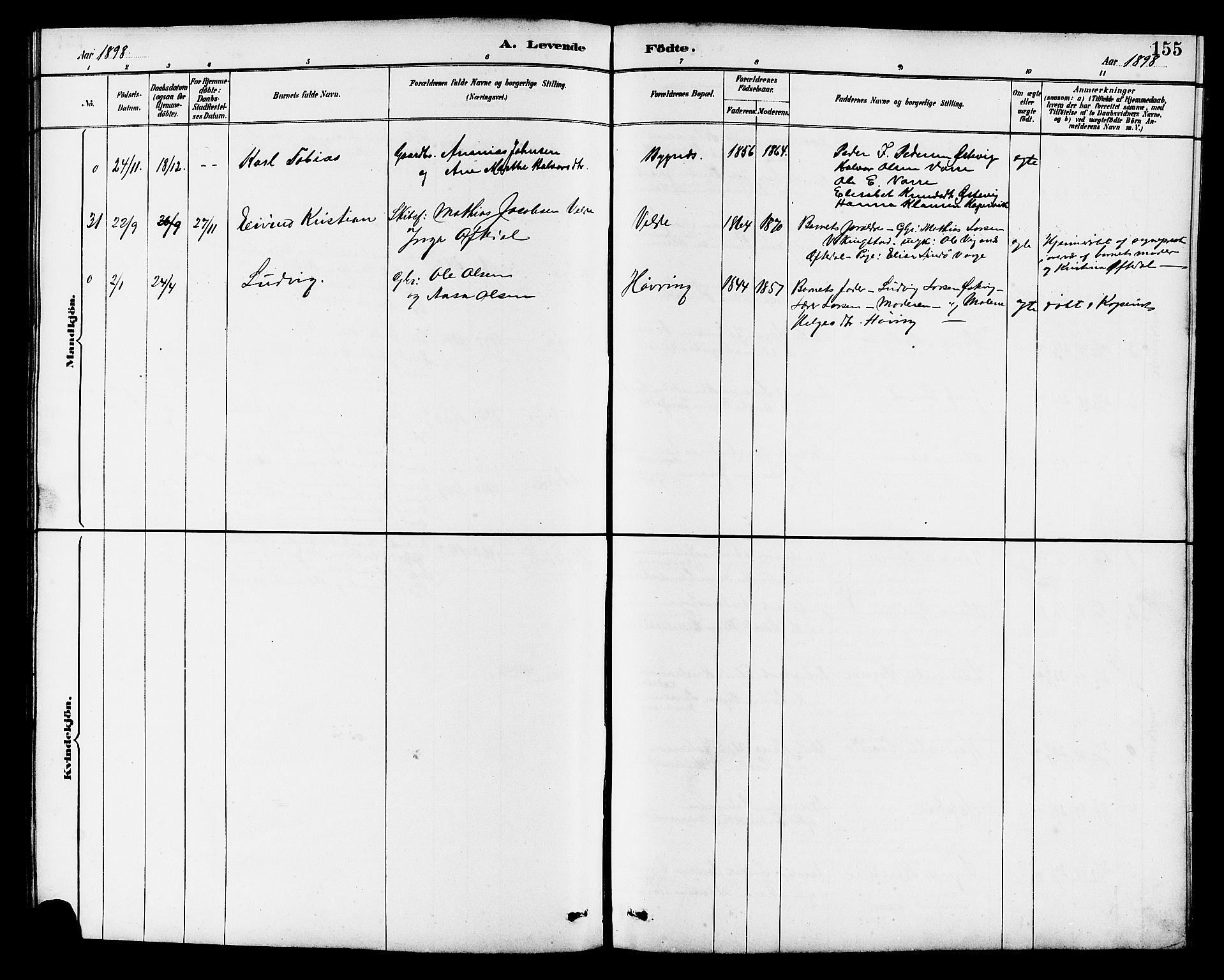 Avaldsnes sokneprestkontor, AV/SAST-A -101851/H/Ha/Hab/L0007: Parish register (copy) no. B 7, 1885-1909, p. 155