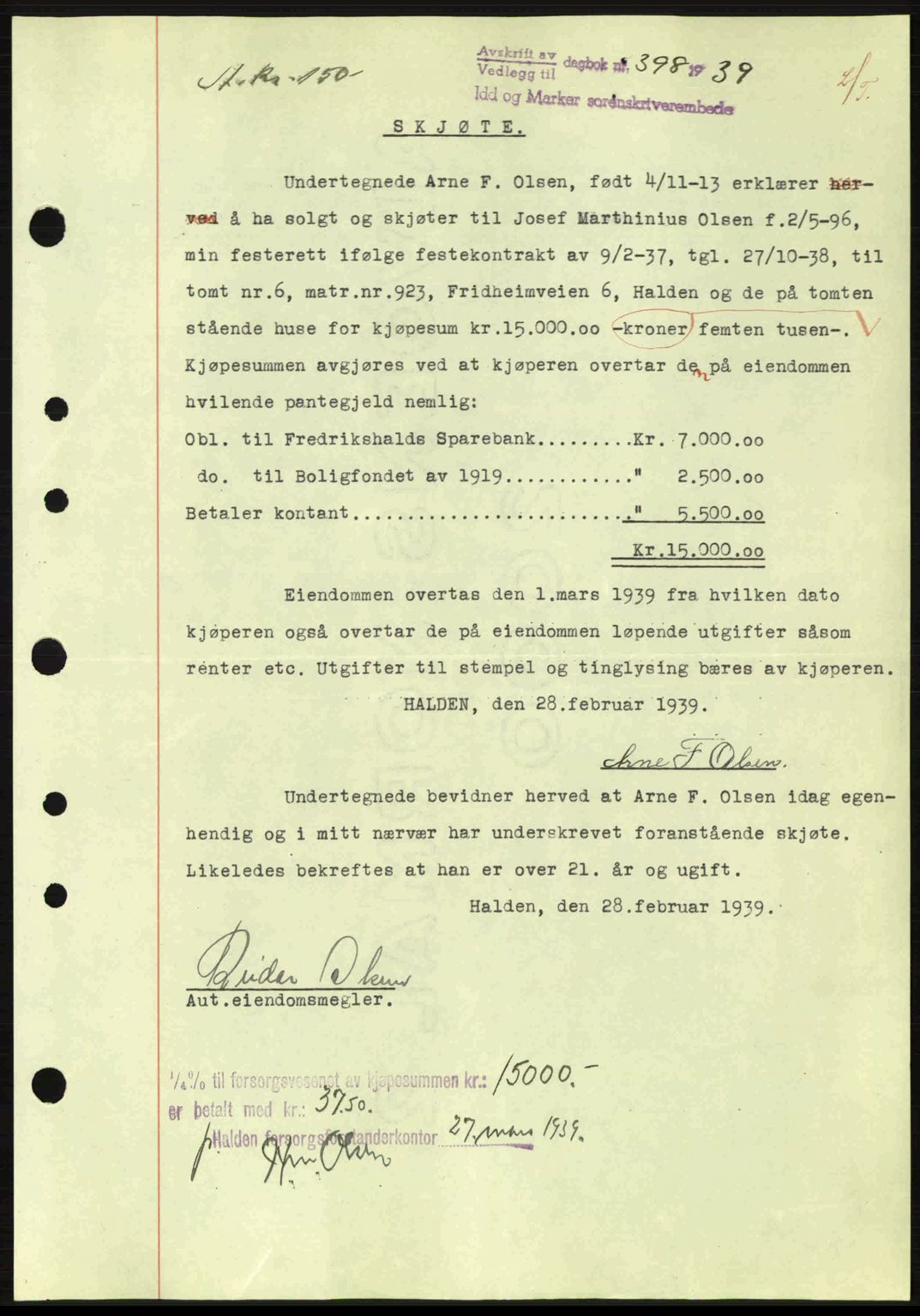 Idd og Marker sorenskriveri, AV/SAO-A-10283/G/Gb/Gbb/L0003: Mortgage book no. A3, 1938-1939, Diary no: : 398/1939