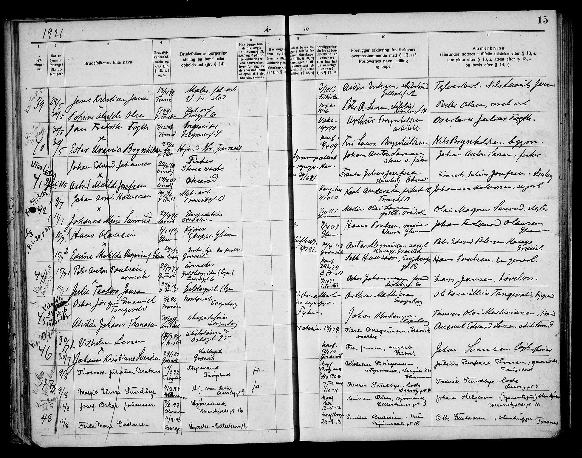 Fredrikstad domkirkes prestekontor Kirkebøker, SAO/A-10906/H/Ha/L0003: Banns register no. 3, 1919-1932, p. 15