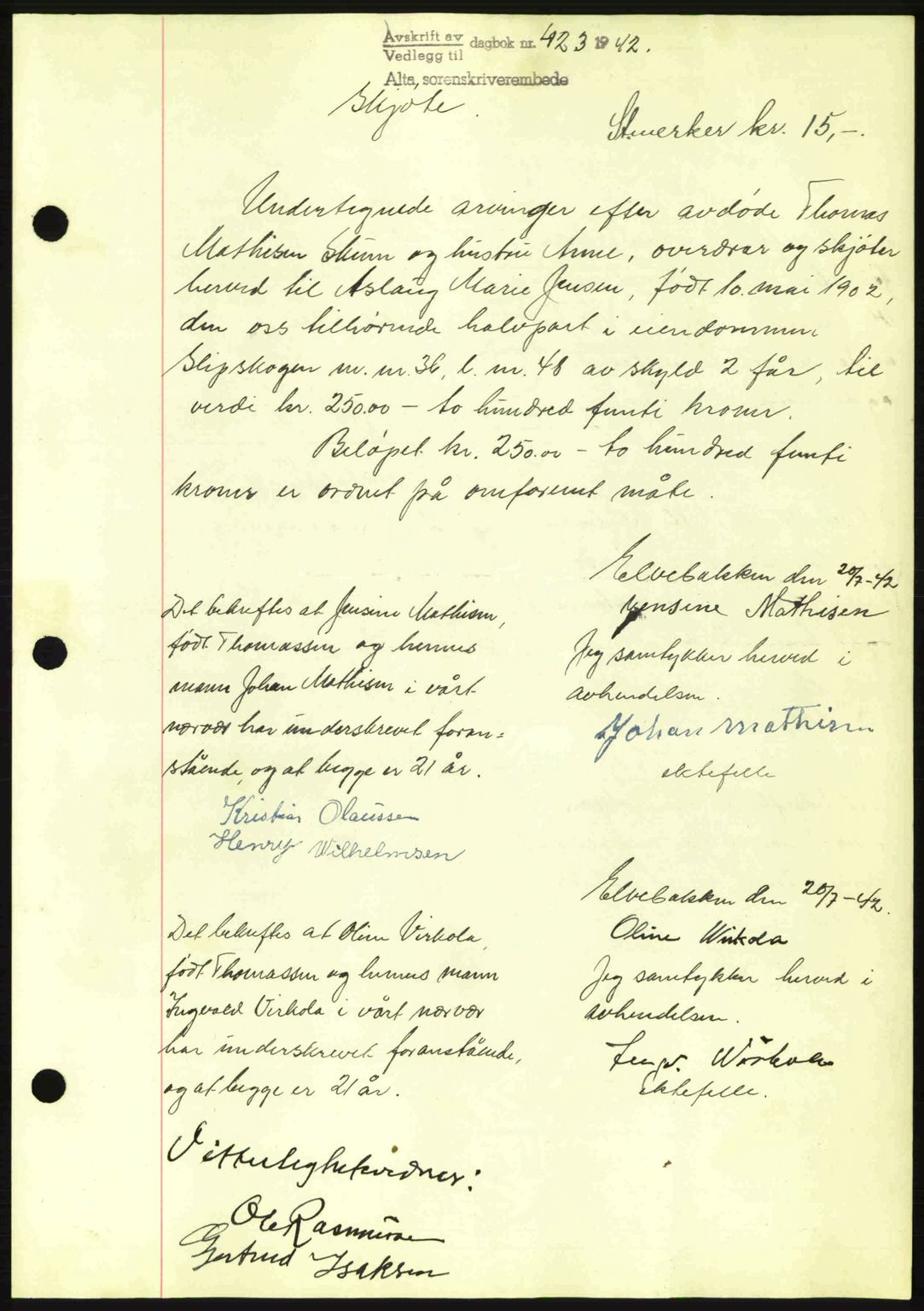 Alta fogderi/sorenskriveri, SATØ/SATØ-5/1/K/Kd/L0033pantebok: Mortgage book no. 33, 1940-1943, Diary no: : 423/1942