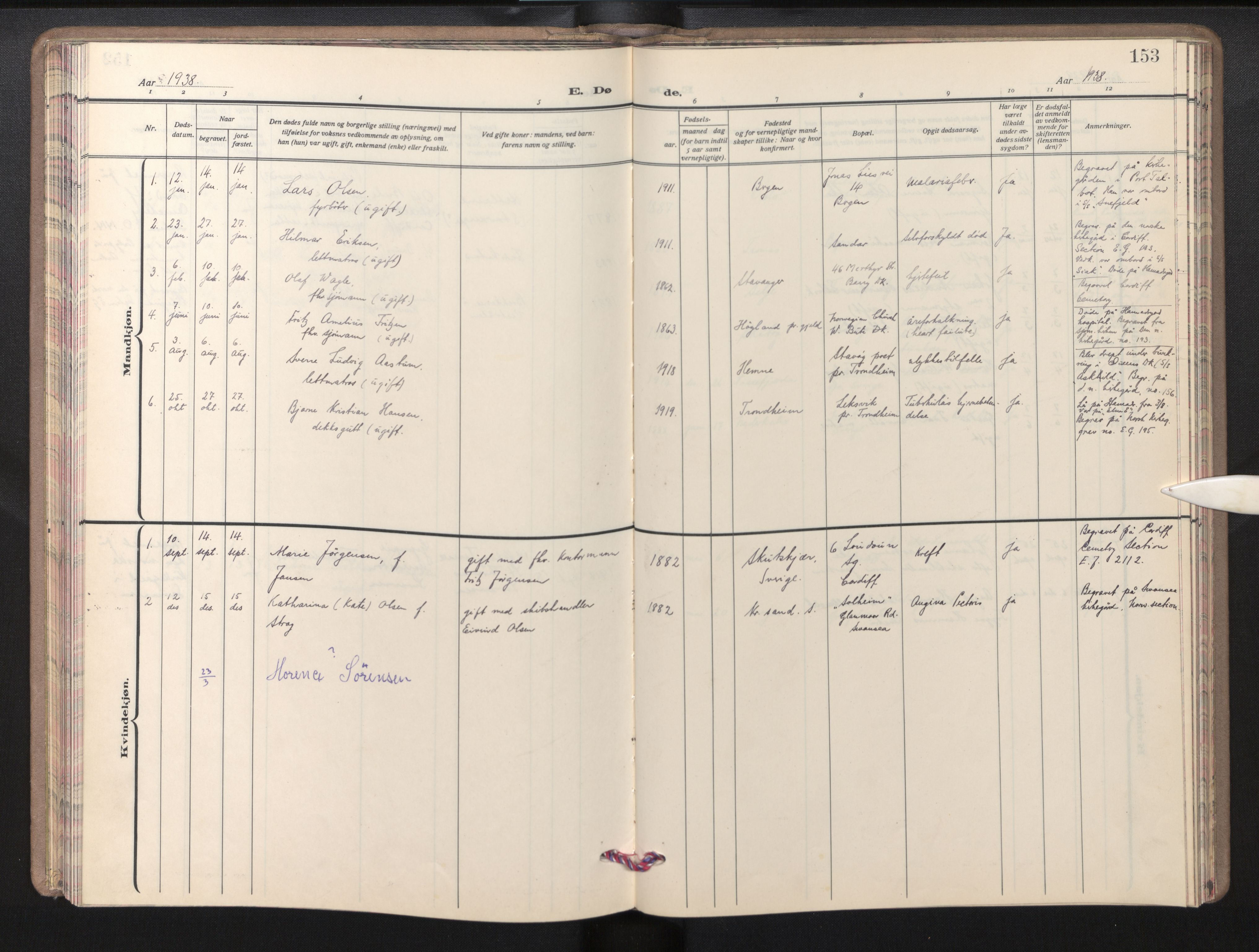 Den norske sjømannsmisjon i utlandet/Bristolhavnene(Cardiff-Swansea), SAB/SAB/PA-0102/H/Ha/Haa/L0003: Parish register (official) no. A 3, 1932-1966, p. 152b-153a