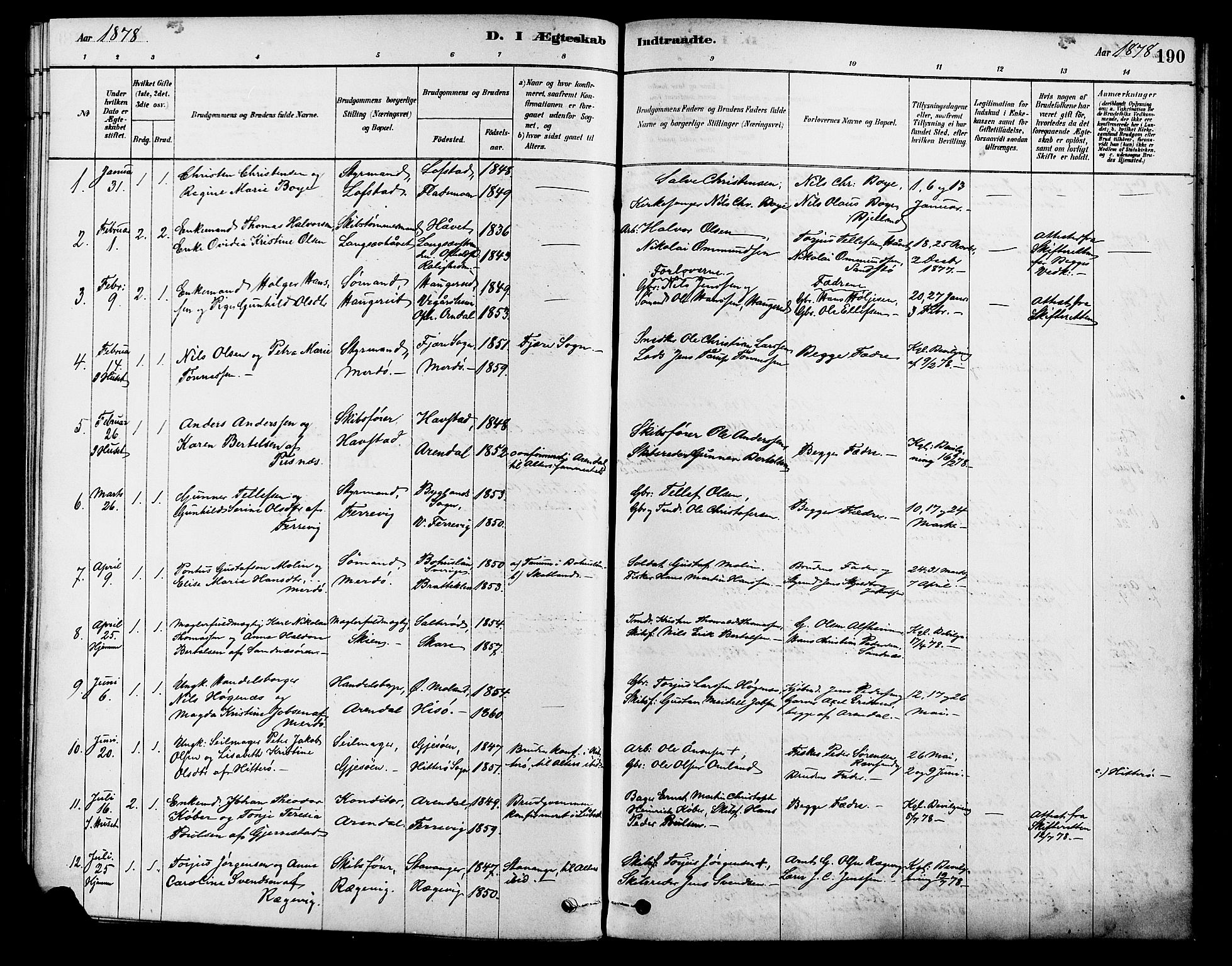 Tromøy sokneprestkontor, AV/SAK-1111-0041/F/Fa/L0009: Parish register (official) no. A 9, 1878-1896, p. 190