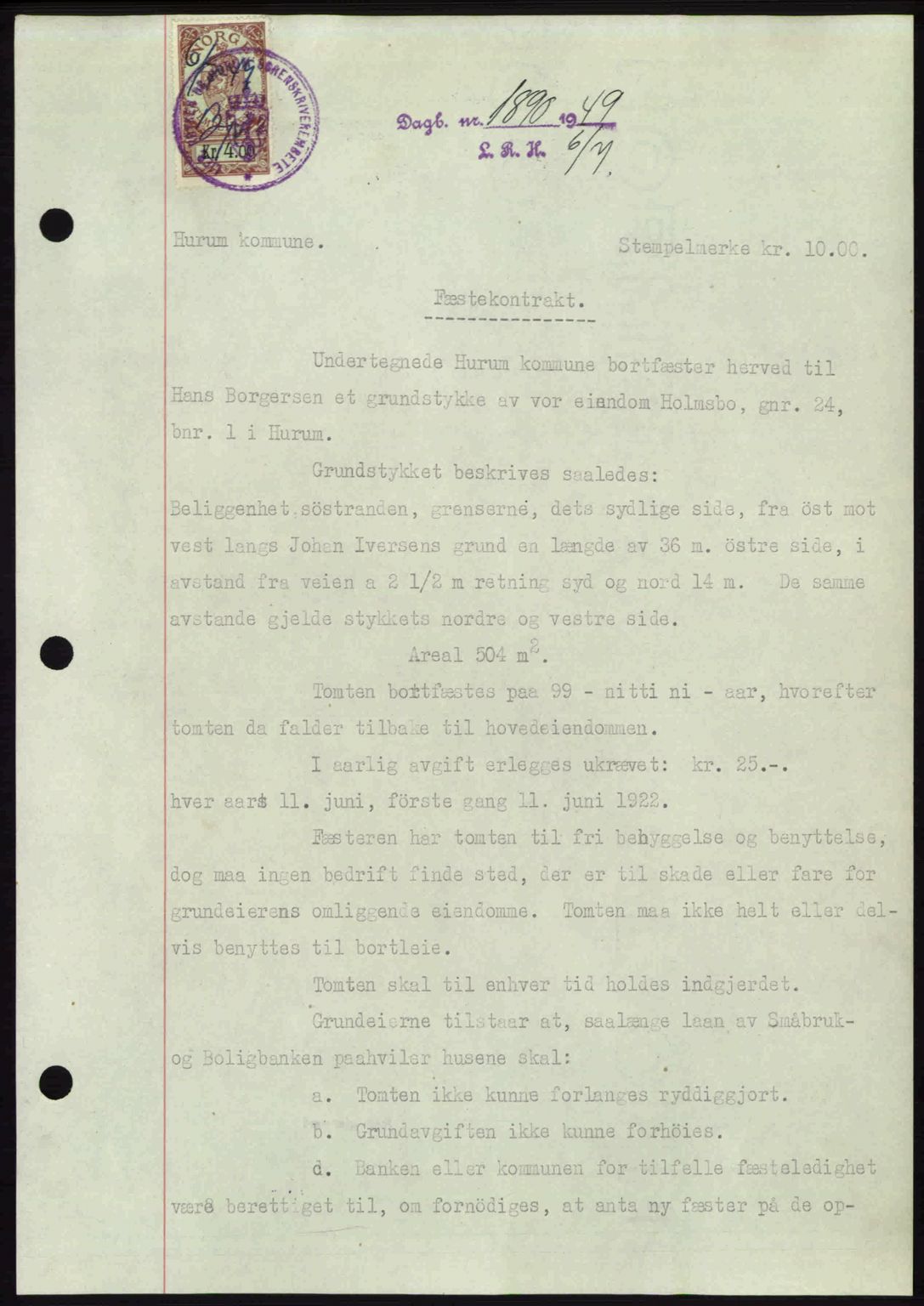 Lier, Røyken og Hurum sorenskriveri, AV/SAKO-A-89/G/Ga/Gab/L0101: Mortgage book no. 101, 1949-1949, Diary no: : 1890/1949