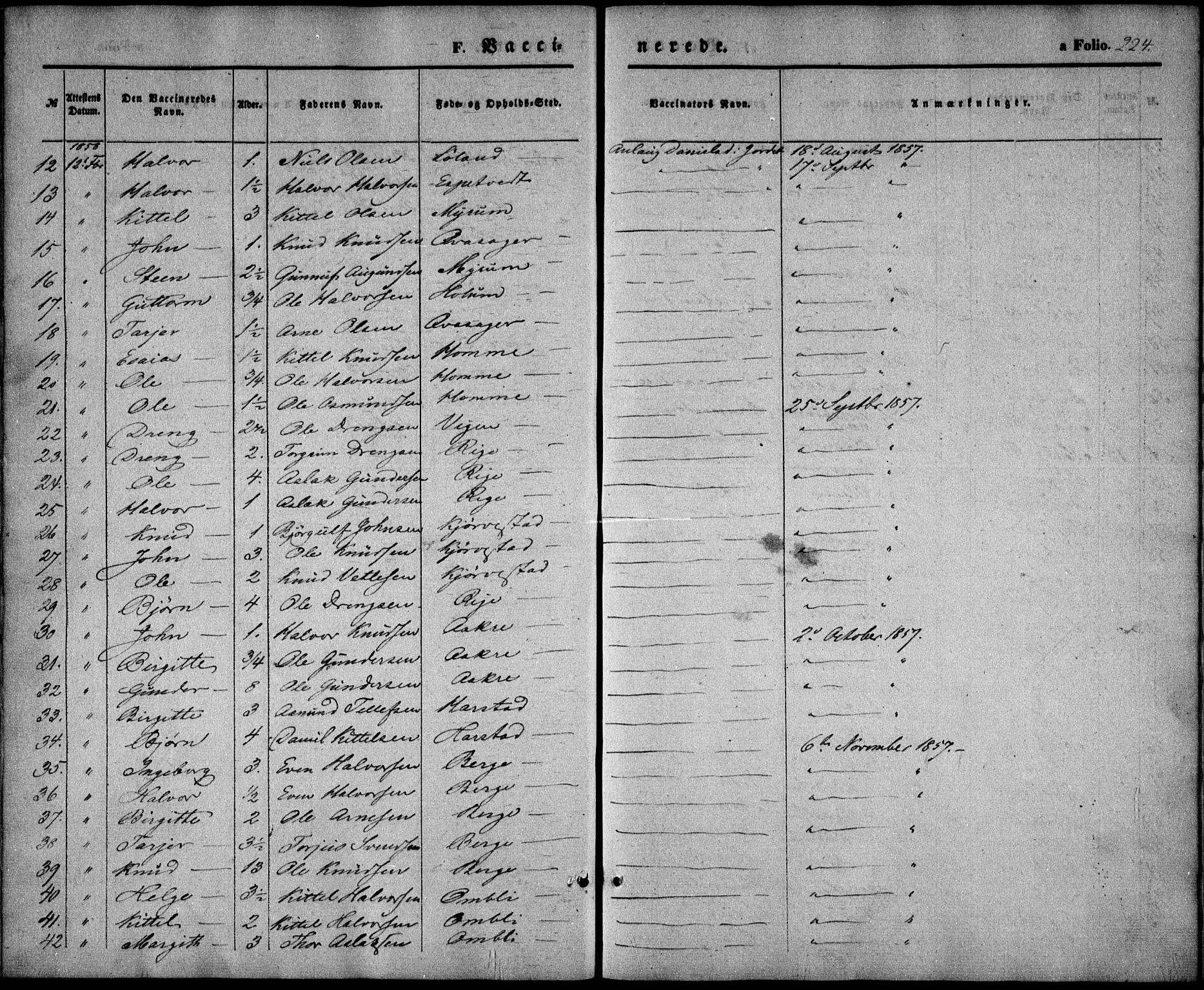 Valle sokneprestkontor, SAK/1111-0044/F/Fa/Fac/L0007: Parish register (official) no. A 7, 1854-1868, p. 224