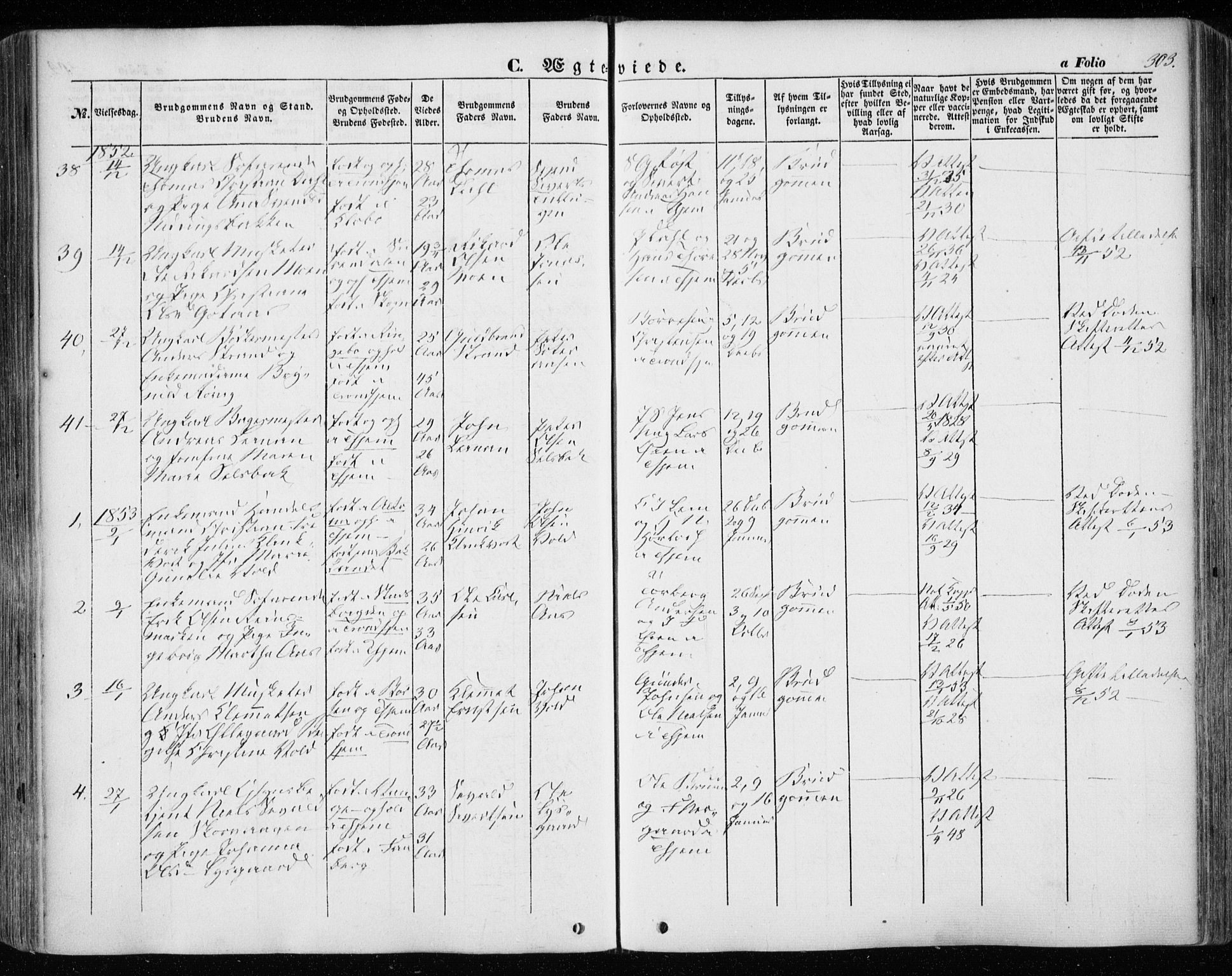 Ministerialprotokoller, klokkerbøker og fødselsregistre - Sør-Trøndelag, SAT/A-1456/601/L0051: Parish register (official) no. 601A19, 1848-1857, p. 303