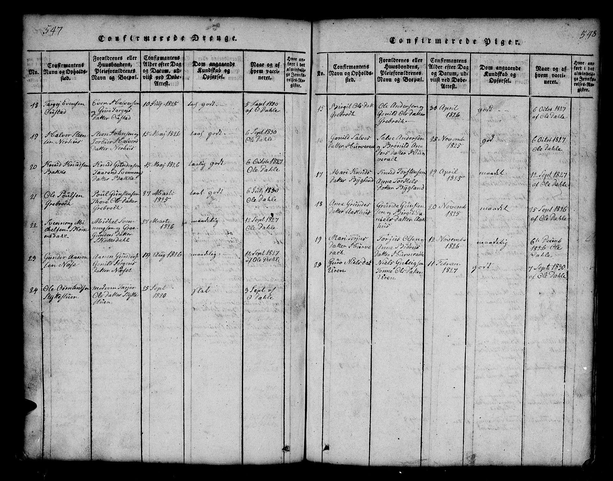 Bygland sokneprestkontor, SAK/1111-0006/F/Fb/Fbb/L0001: Parish register (copy) no. B 1, 1816-1843, p. 547-548
