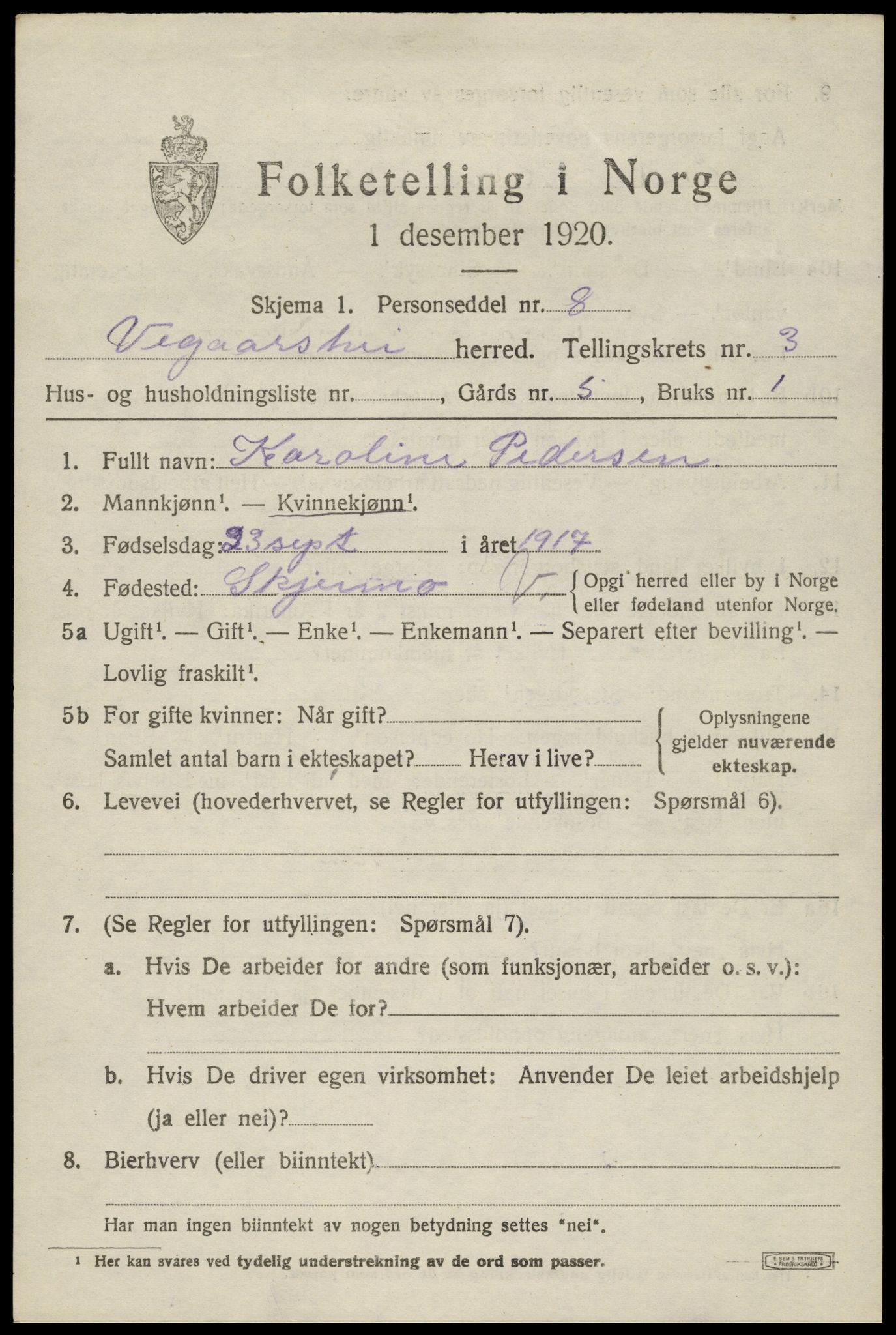 SAK, 1920 census for Vegårshei, 1920, p. 1776