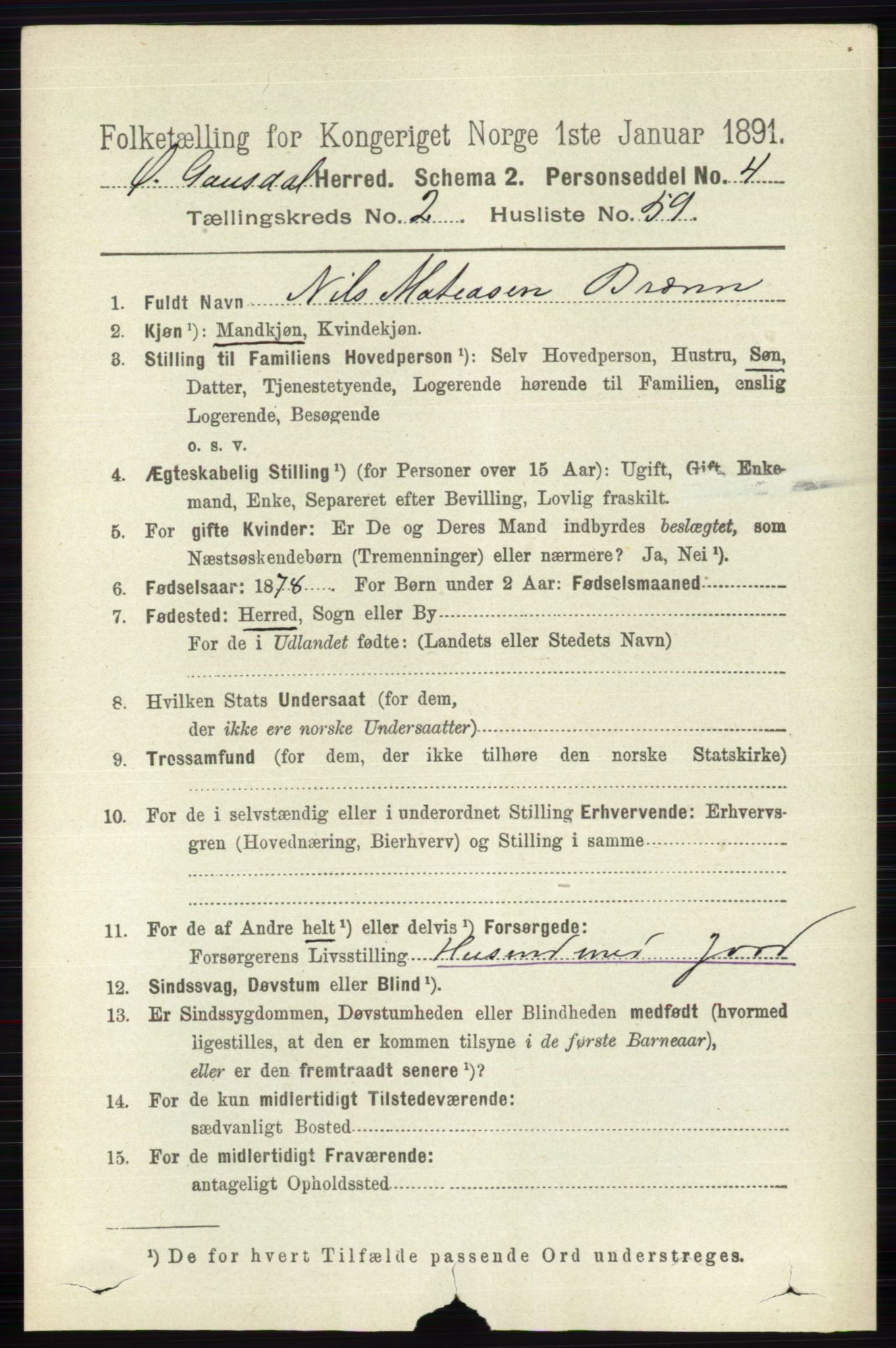 RA, 1891 census for 0522 Østre Gausdal, 1891, p. 1596