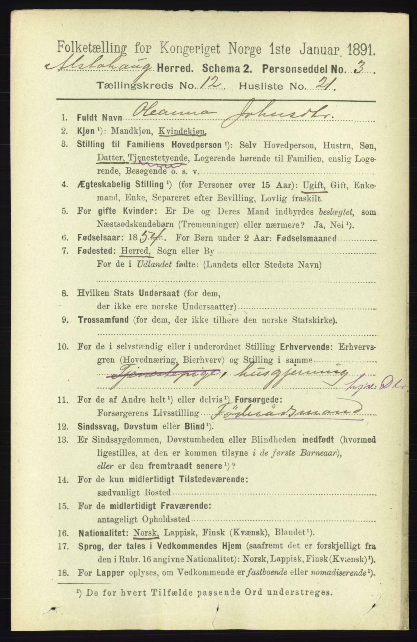 RA, 1891 census for 1820 Alstahaug, 1891, p. 4405