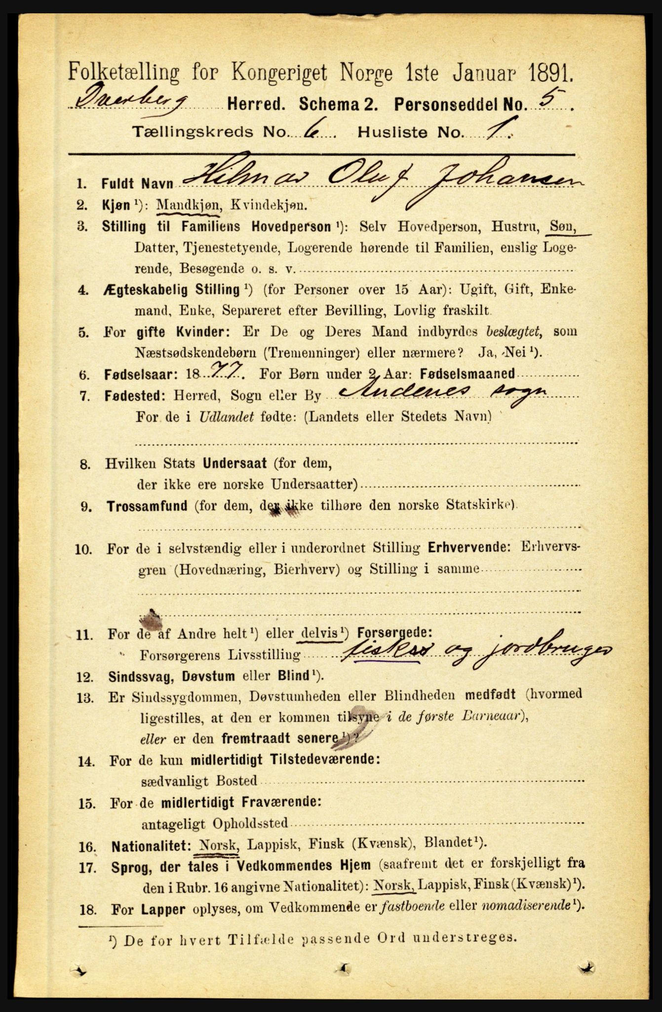 RA, 1891 census for 1872 Dverberg, 1891, p. 2110