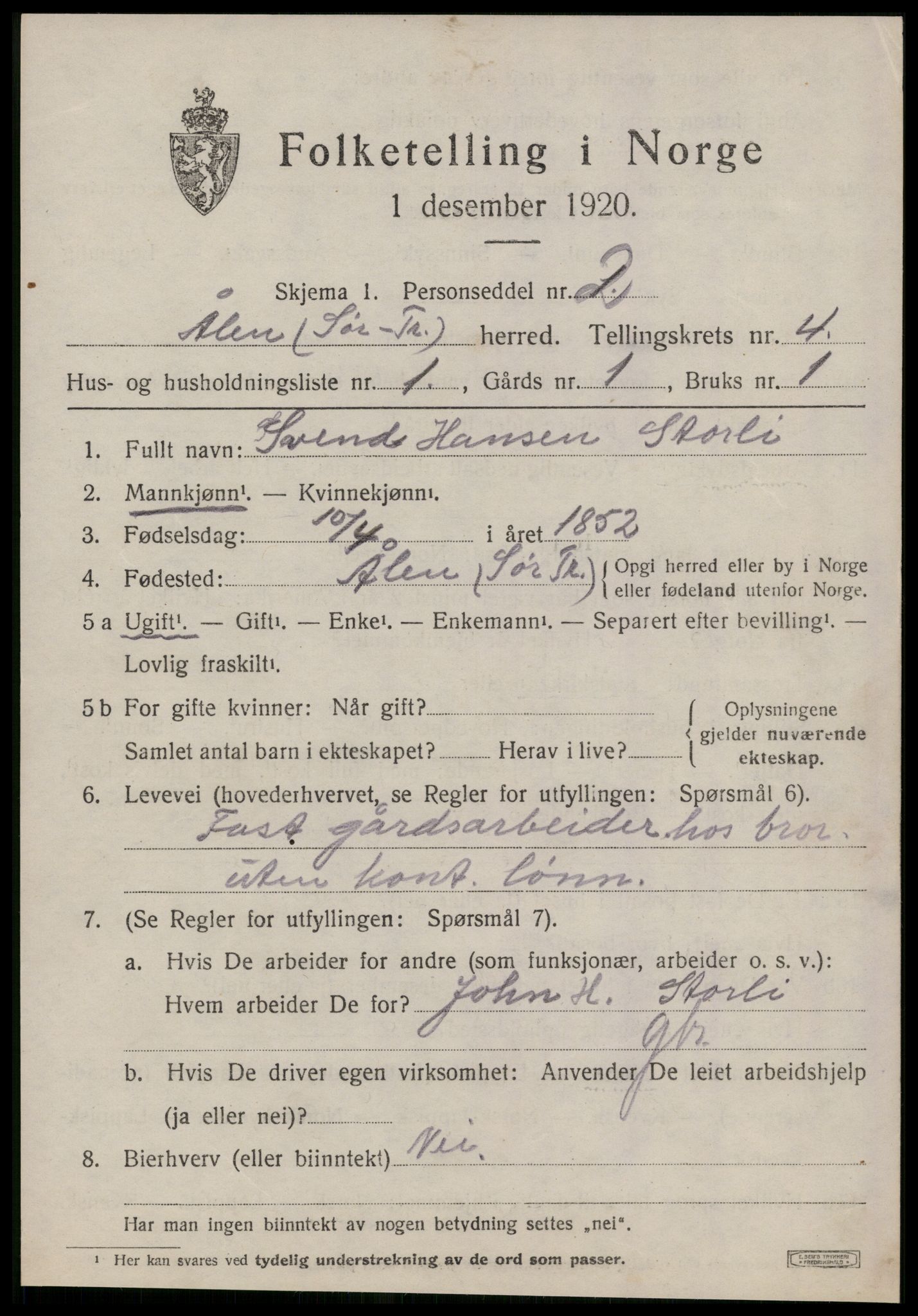 SAT, 1920 census for Ålen, 1920, p. 2066