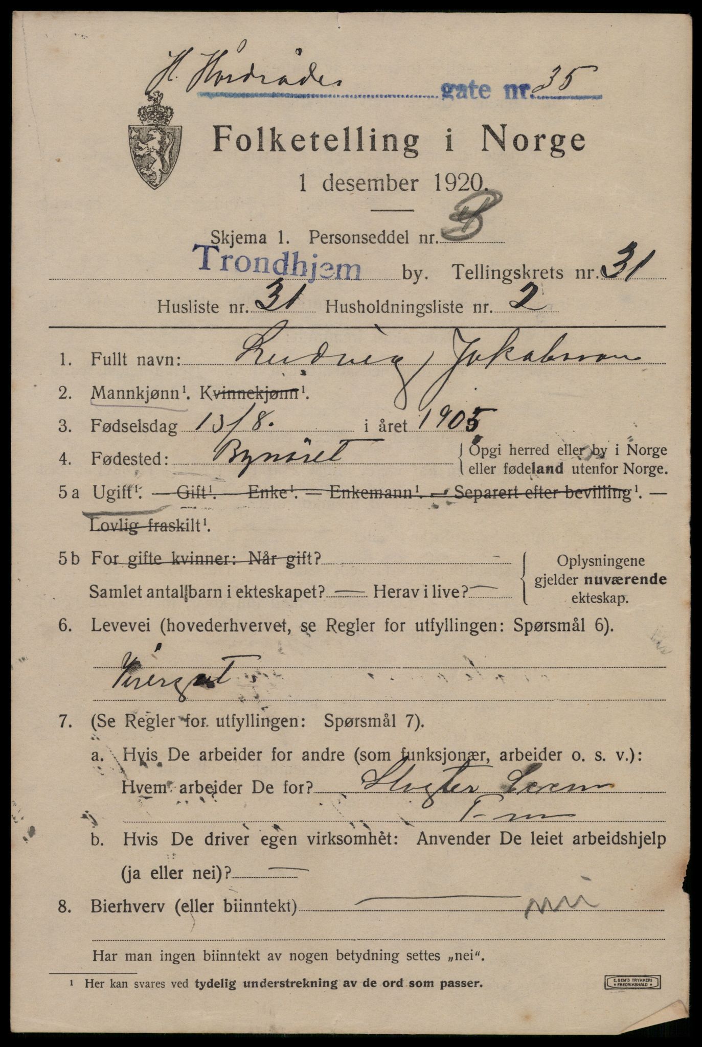 SAT, 1920 census for Trondheim, 1920, p. 77192