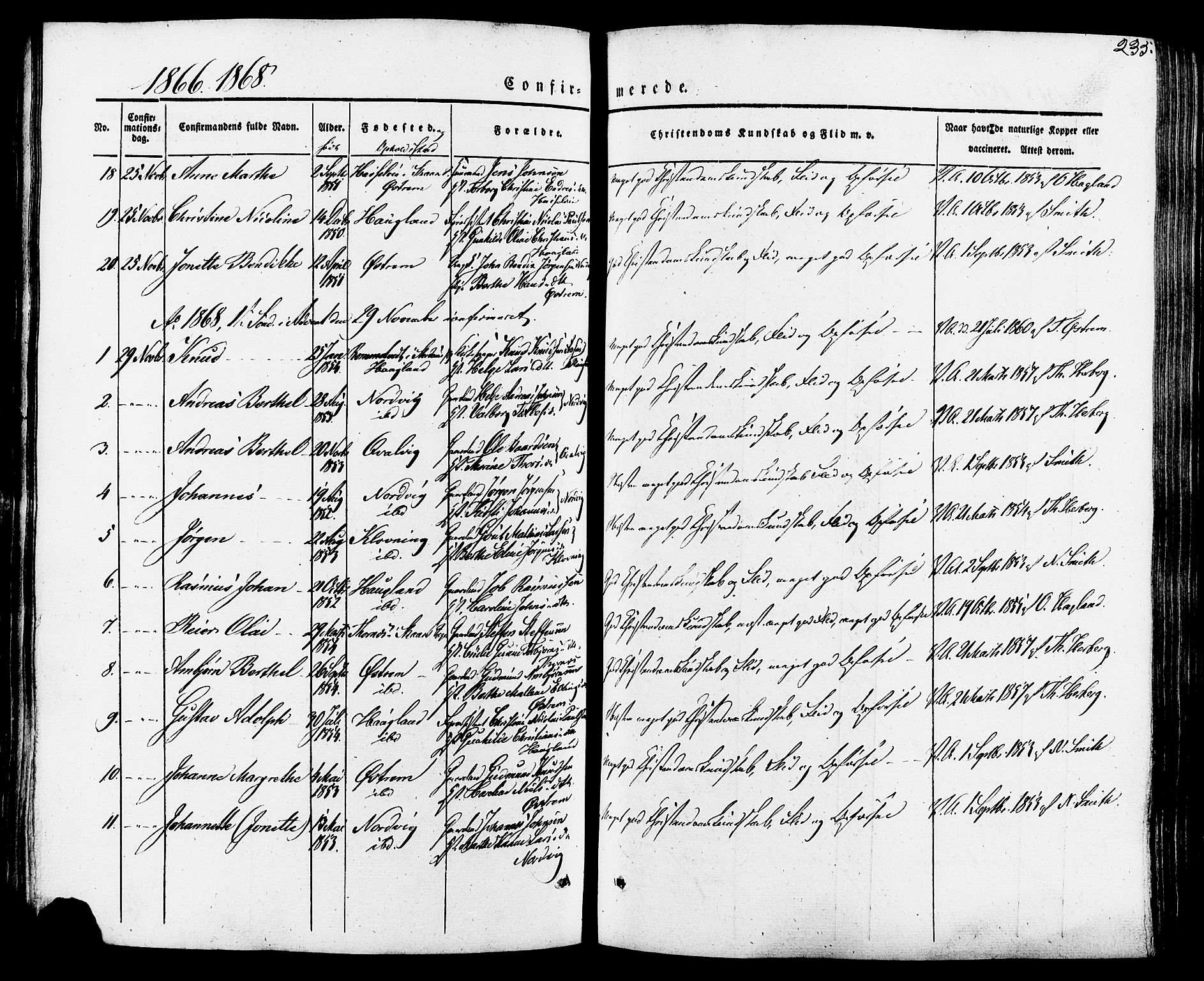 Torvastad sokneprestkontor, AV/SAST-A -101857/H/Ha/Haa/L0007: Parish register (official) no. A 7, 1838-1882, p. 235