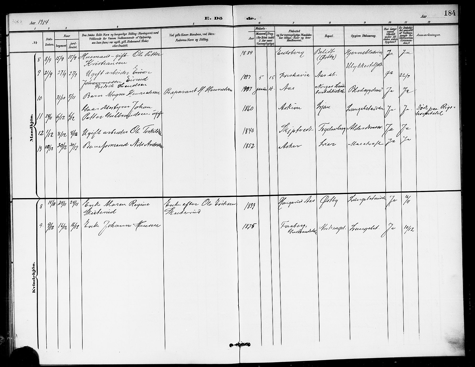 Ås prestekontor Kirkebøker, AV/SAO-A-10894/G/Ga/L0004: Parish register (copy) no. I 4, 1901-1915, p. 184