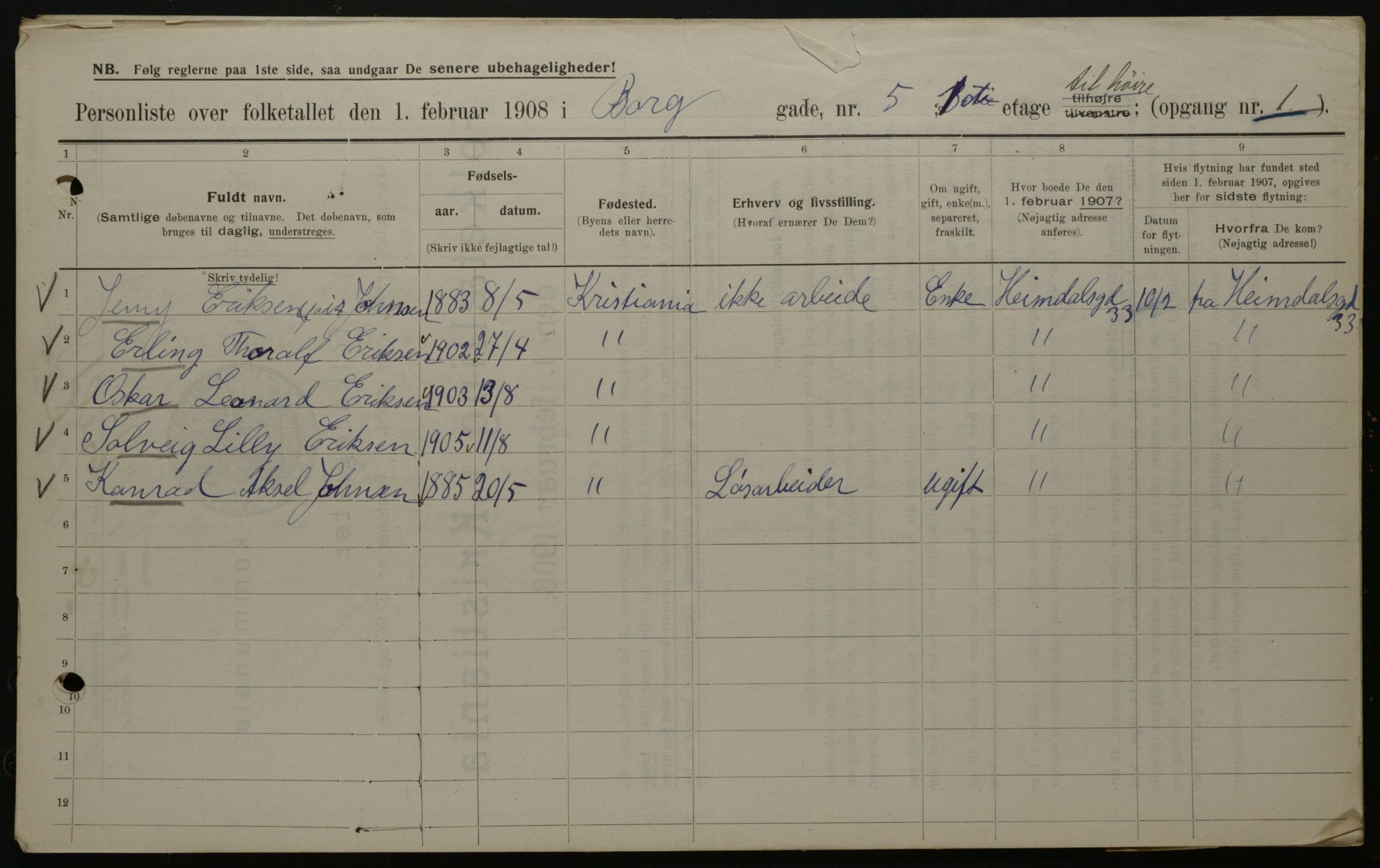 OBA, Municipal Census 1908 for Kristiania, 1908, p. 7519