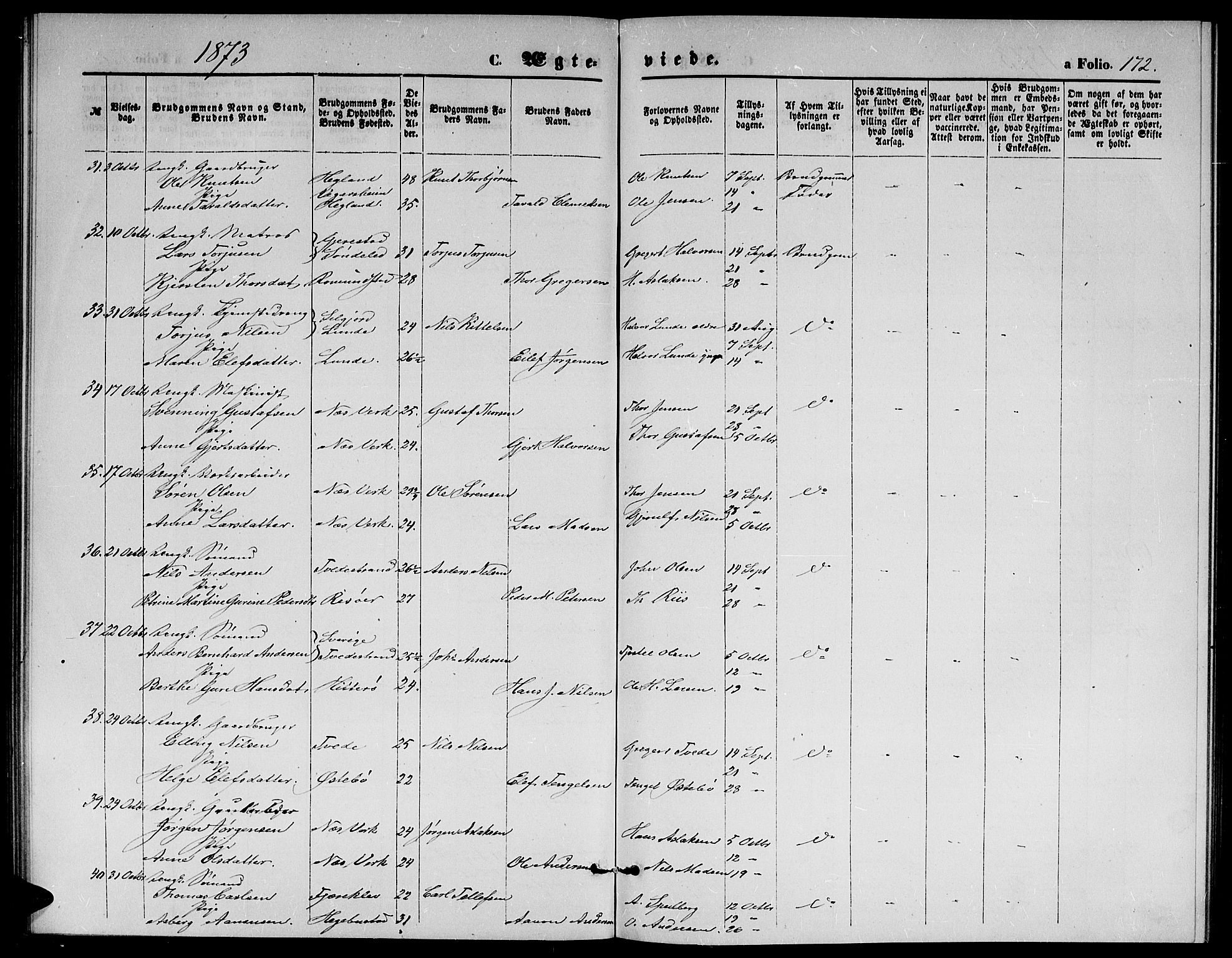 Holt sokneprestkontor, AV/SAK-1111-0021/F/Fb/L0009: Parish register (copy) no. B 9, 1871-1883, p. 172