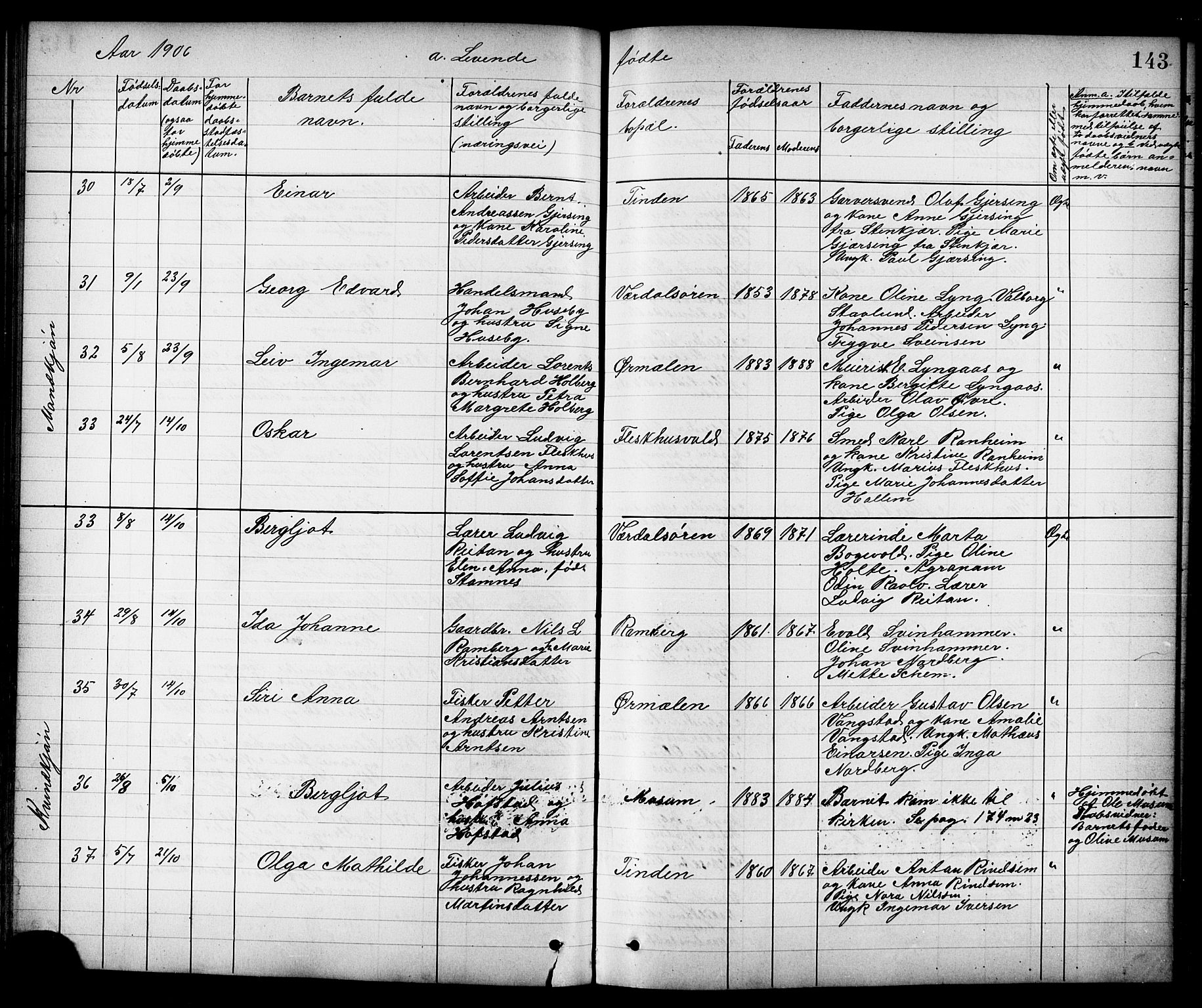 Ministerialprotokoller, klokkerbøker og fødselsregistre - Nord-Trøndelag, SAT/A-1458/723/L0257: Parish register (copy) no. 723C05, 1890-1907, p. 143