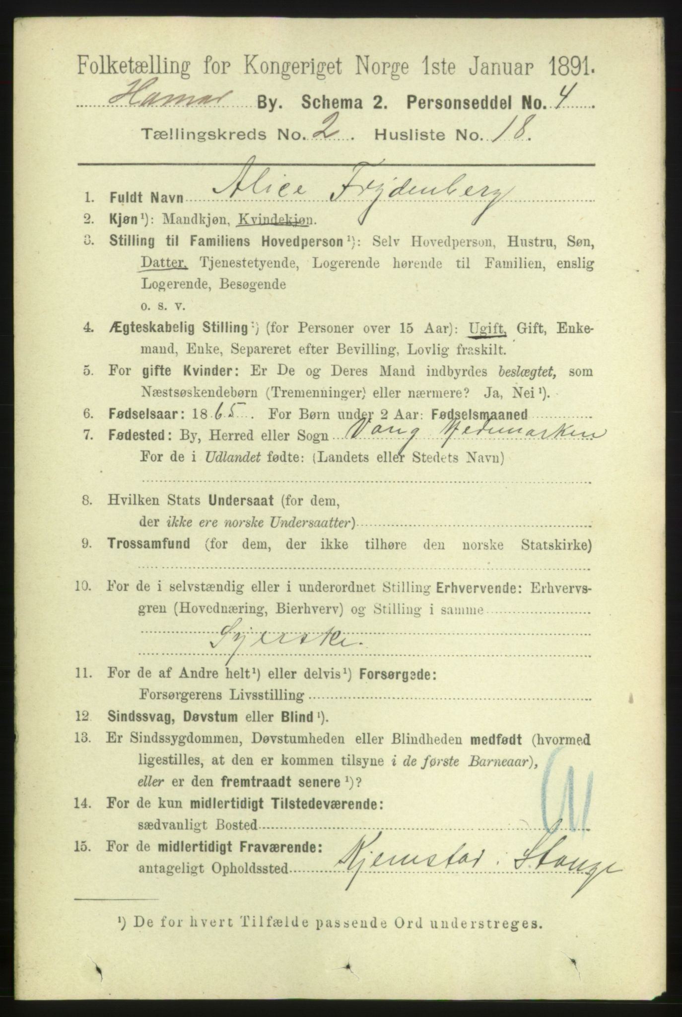 RA, 1891 census for 0401 Hamar, 1891, p. 1232
