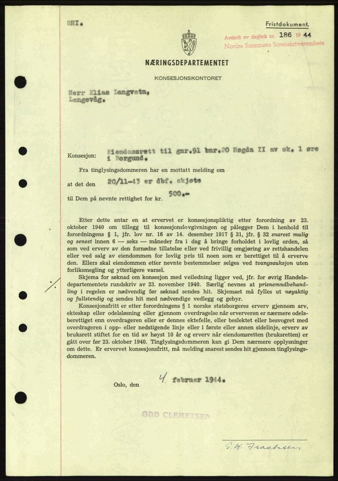 Nordre Sunnmøre sorenskriveri, SAT/A-0006/1/2/2C/2Ca: Mortgage book no. B6-14 a, 1942-1945, Diary no: : 186/1944