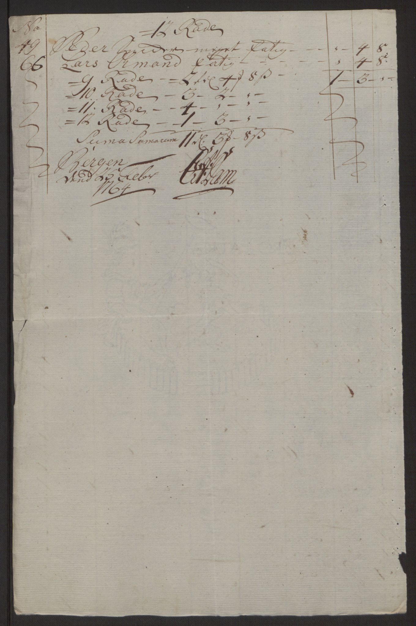 Rentekammeret inntil 1814, Reviderte regnskaper, Byregnskaper, AV/RA-EA-4066/R/Rp/L0366/0001: [P20] Kontribusjonsregnskap / Ekstraskatt, 1763, p. 316