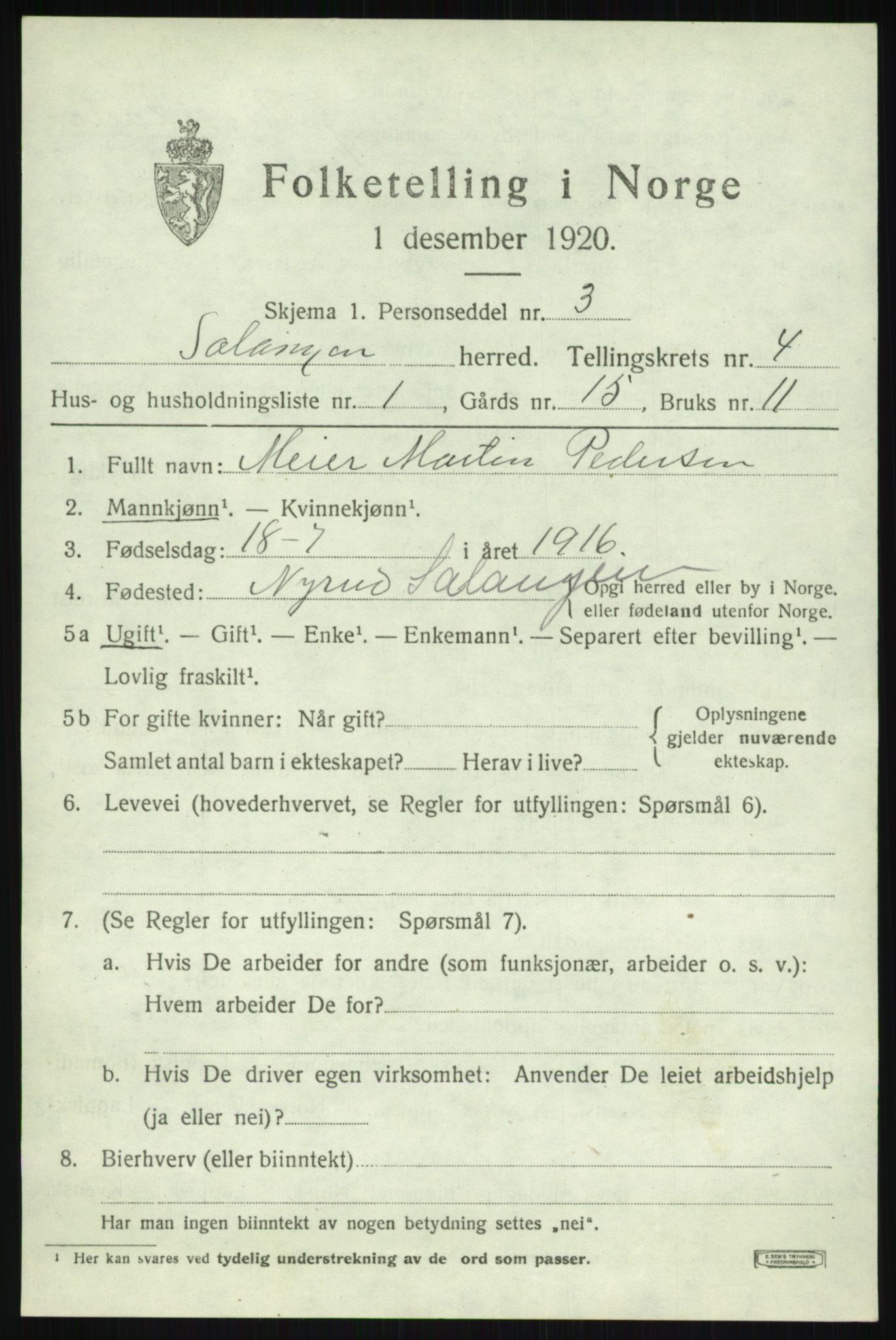 SATØ, 1920 census for Salangen, 1920, p. 2282