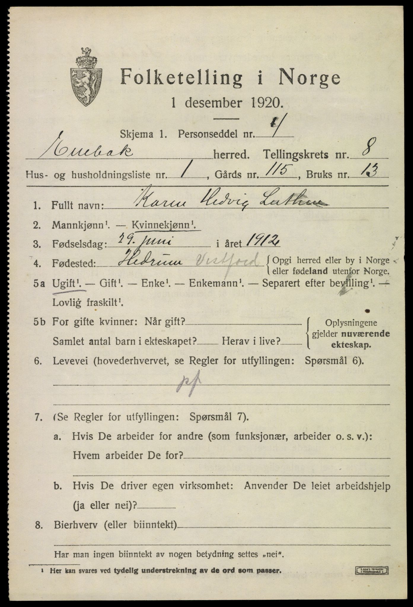 SAO, 1920 census for Enebakk, 1920, p. 6993