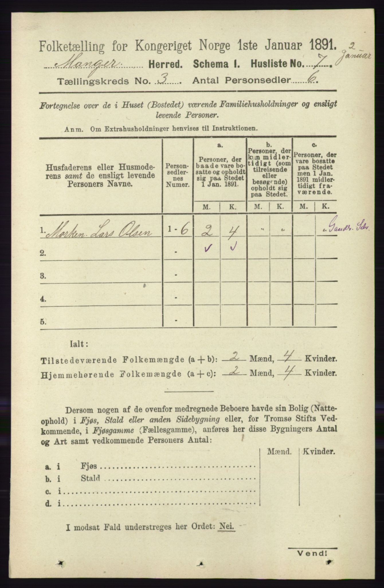 RA, 1891 census for 1261 Manger, 1891, p. 1349